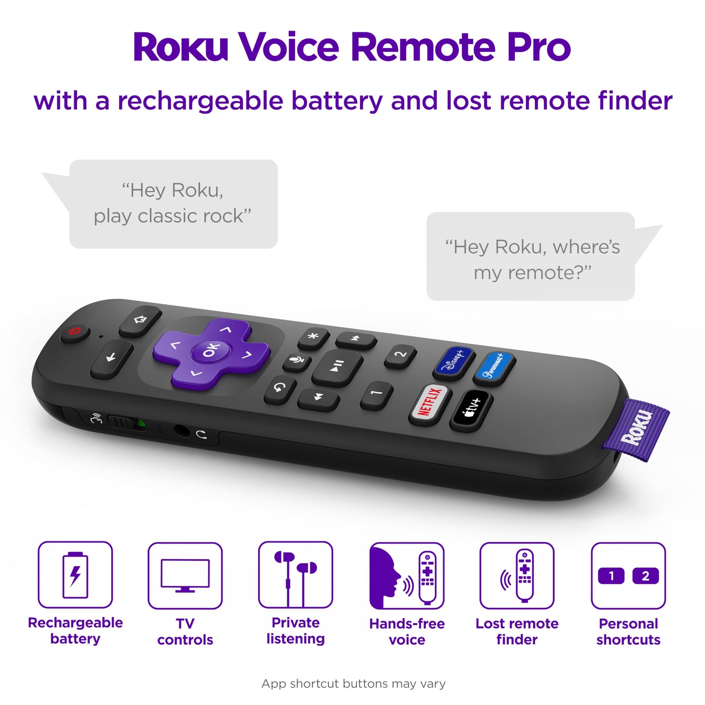 Roku Voice Remote Pro | Rechargeable TV Remote Control with Hands-free Voice Controls, Headphone Mode & Lost Remote Finder - Replacement Remote Compatible with Roku TV, Roku Players, & Roku Audio