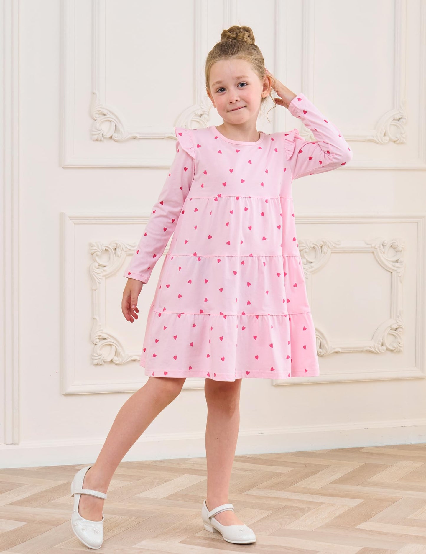 Bumeex Tween Kids Big Girl's Girl Dress Fall Spring Winter Long Sleeve School Cotton Valentines Casual A-Line Dresses Outfits Clothing Clothes Vestido para Niña Pink Heart 10-11 Years