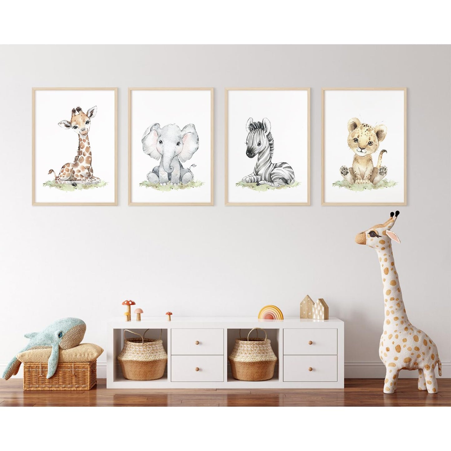 Safari Nursery Wall Art Decor Baby Animal Canvas Wall Art Woodland Nursery Wall Decor Kids Jungle Animal Pictures Safari Giraffe Elephant Tiger Prints for Room Bedroom Set of 4 12x16 Inch Unframed