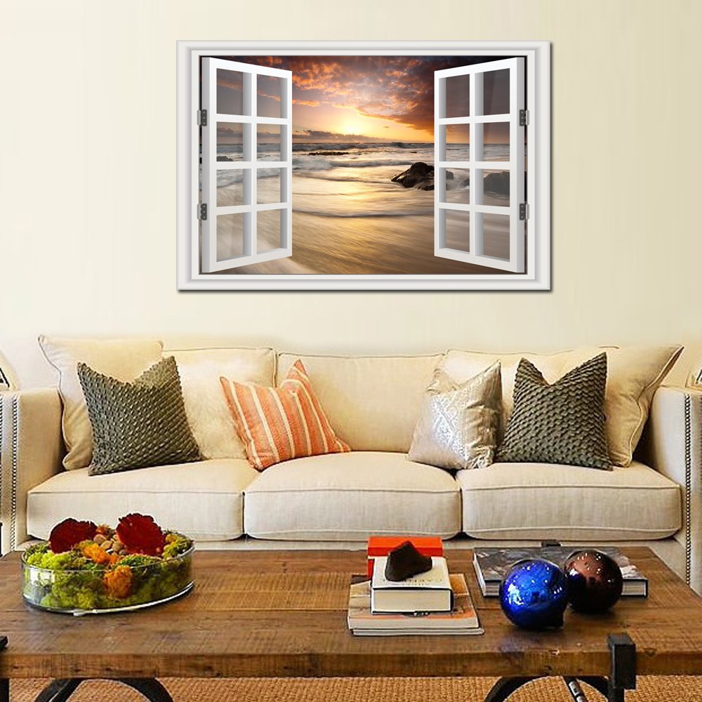 KREATIVE ARTS - Canvas Print Wall Art Window Frame Style Landscape Picture Wall Decor Stretched Giclee Print Gallery Wrap Modern for Home Decoration Ready to Hang (24''x36'', 10.Sunrise on the Sea)