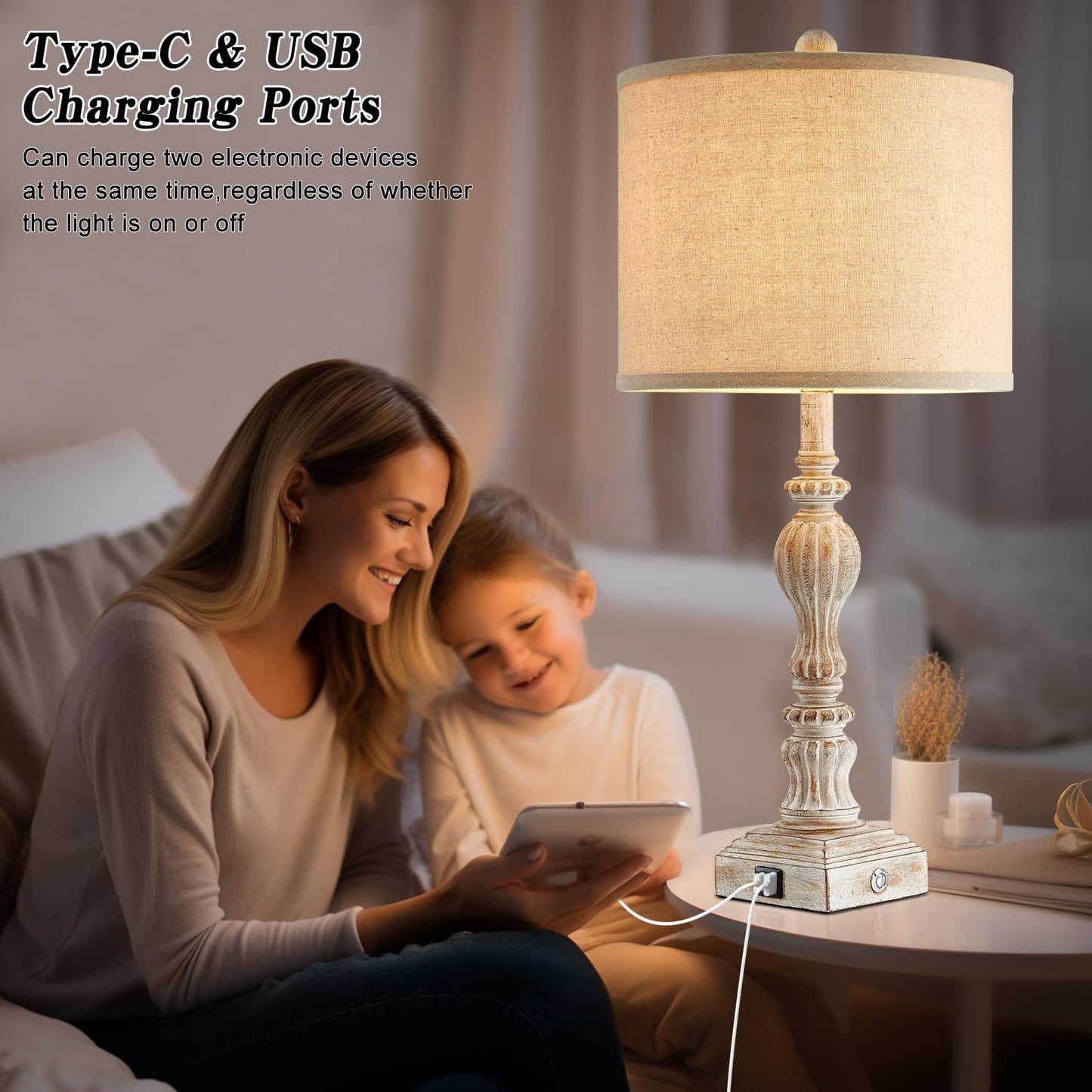 Vintage Farmhouse Table Lamp Set of 2 with USB A+C for Living Room Rustic Table Lamp 27" Tall 3-Way Dimmable Touch Bedside Lamps Traditional Bedroom Nightstand Lamps Linen Washed Antique White