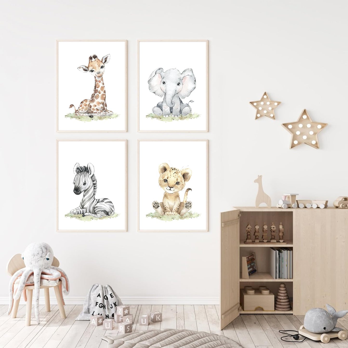 Safari Nursery Wall Art Decor Baby Animal Canvas Wall Art Woodland Nursery Wall Decor Kids Jungle Animal Pictures Safari Giraffe Elephant Tiger Prints for Room Bedroom Set of 4 12x16 Inch Unframed