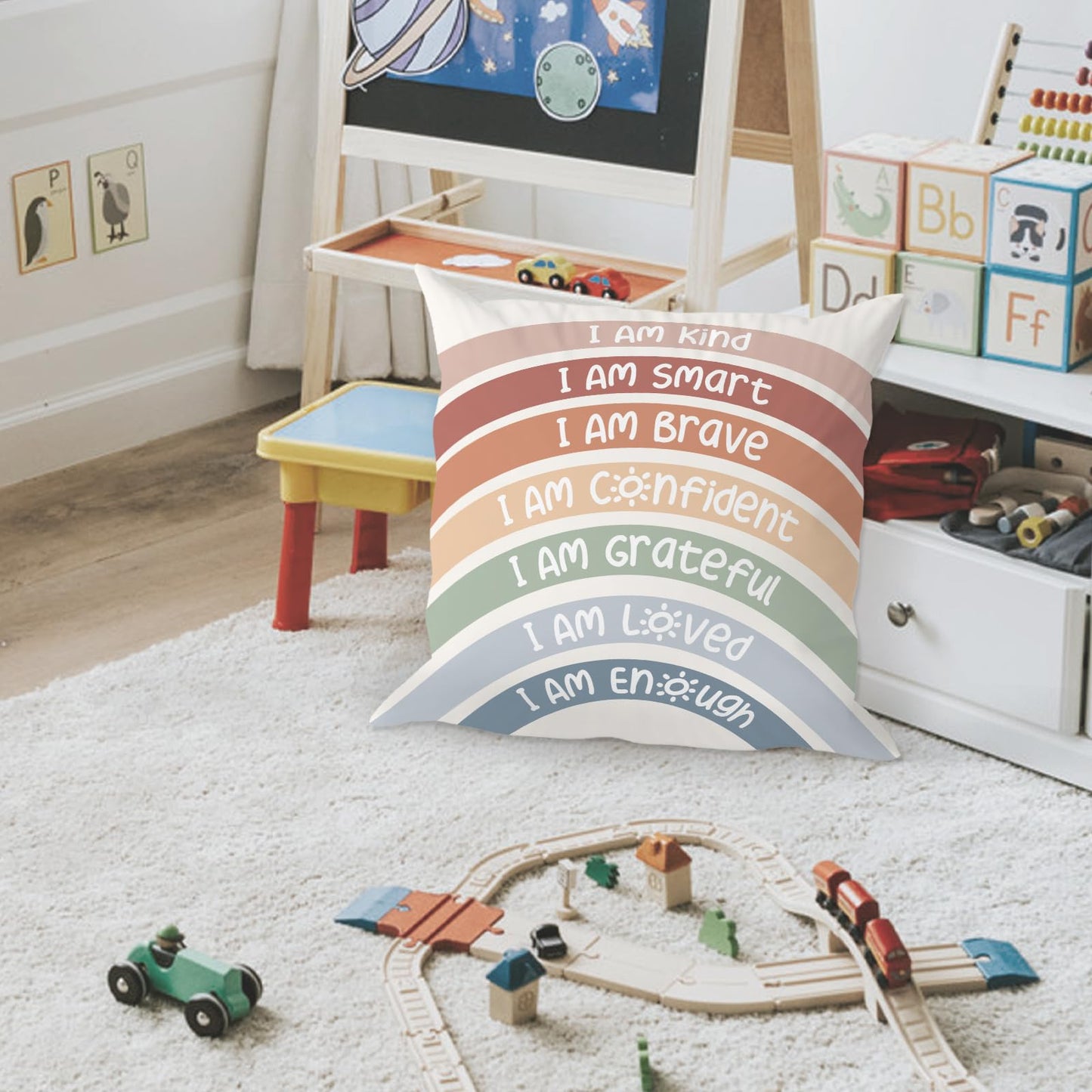 QIYUHOY Classroom Reading Corner Boho Rainbow Decor Throw Pillow Covers, Book Center Calming Corner Home Bedroom Playroom Decor Pillow Case, 18x18 Inch Pillowcase