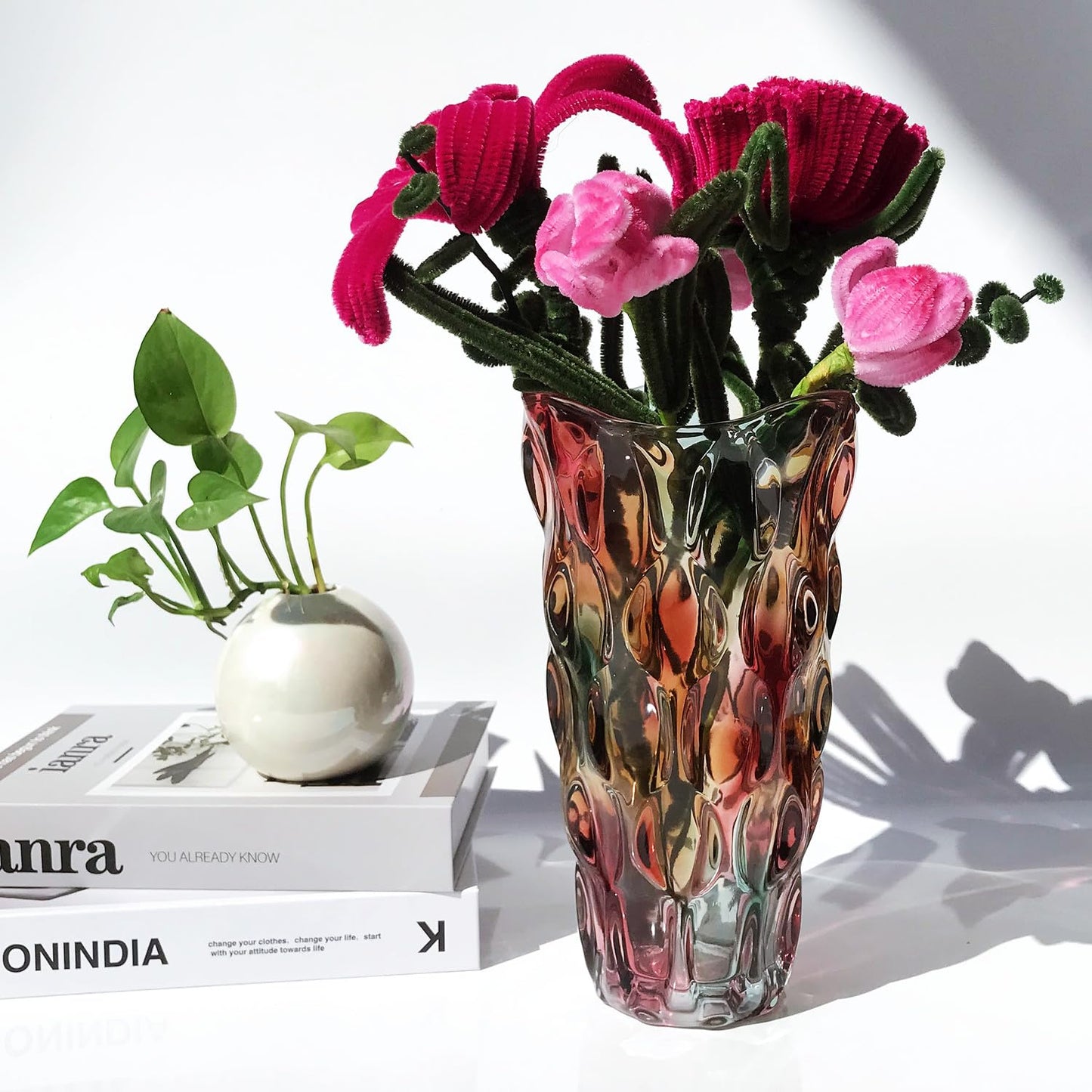 Eastern Rock Heavy Flower Glass Vase Thickened 3.5lb 9.5inch Sparkle vase Bohemian Style, for Centerpieces,Kitchen,Office, Wedding,Gifts, Perfect Home Decor Glass Vase (Purple Light)