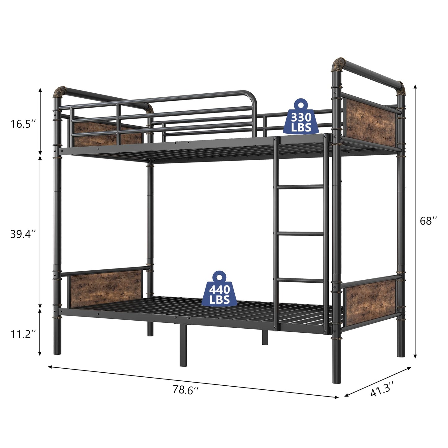 Jocoevol Metal Bunk Bed Twin Over Twin, Industrial Bunkbeds Heavy Duty Bed with Safety Guard Rails and Space-Saving Design, Steel Bed for School, Bedroom (Vintage Brown)
