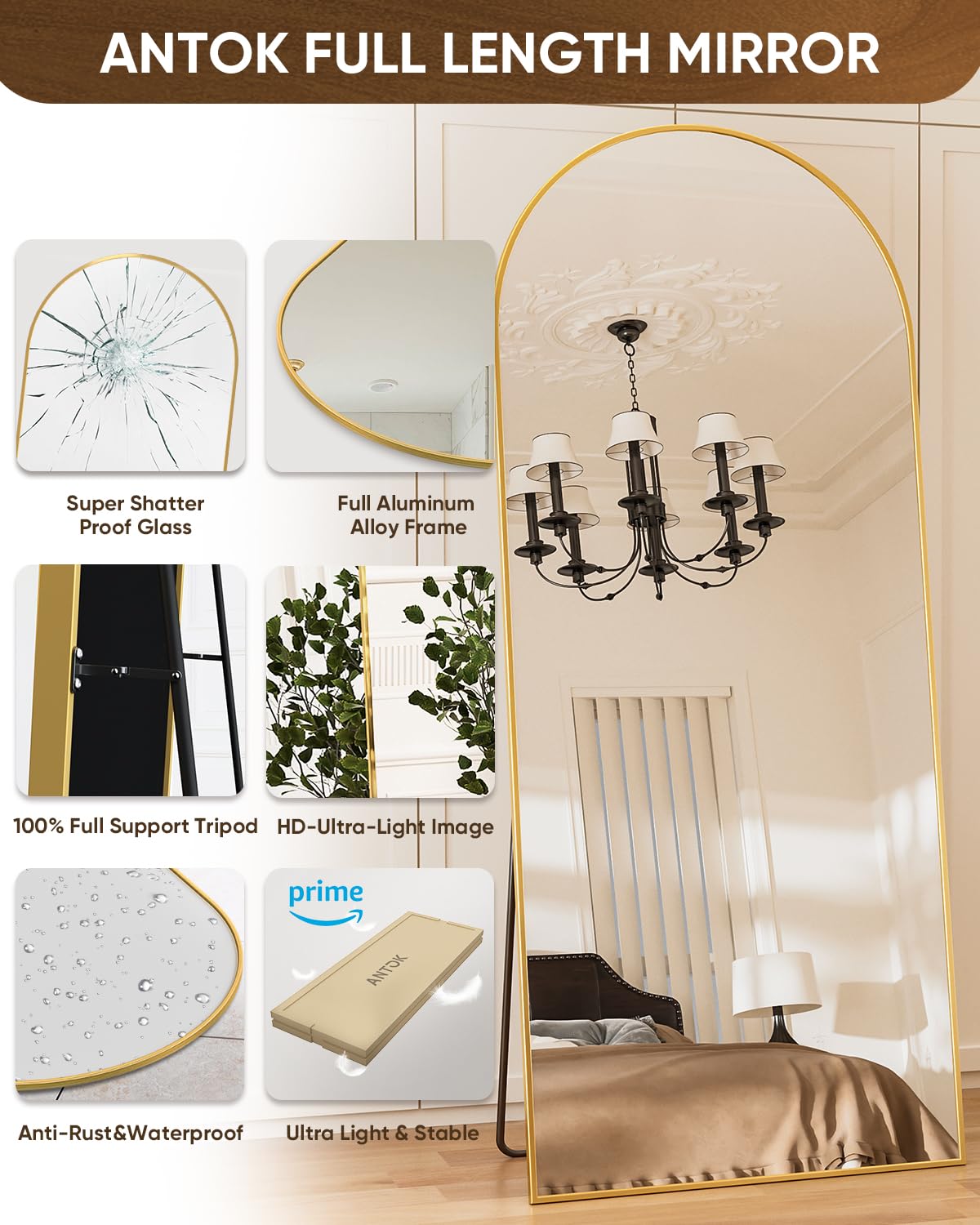 Antok Arched Full Length Mirror, 71"x32" Arched Floor Mirror, Glassless Mirror Full Length with Stand, Floor Mirror Freestanding, Wall Mounted Mirror for Bedroom Living Room, Gold