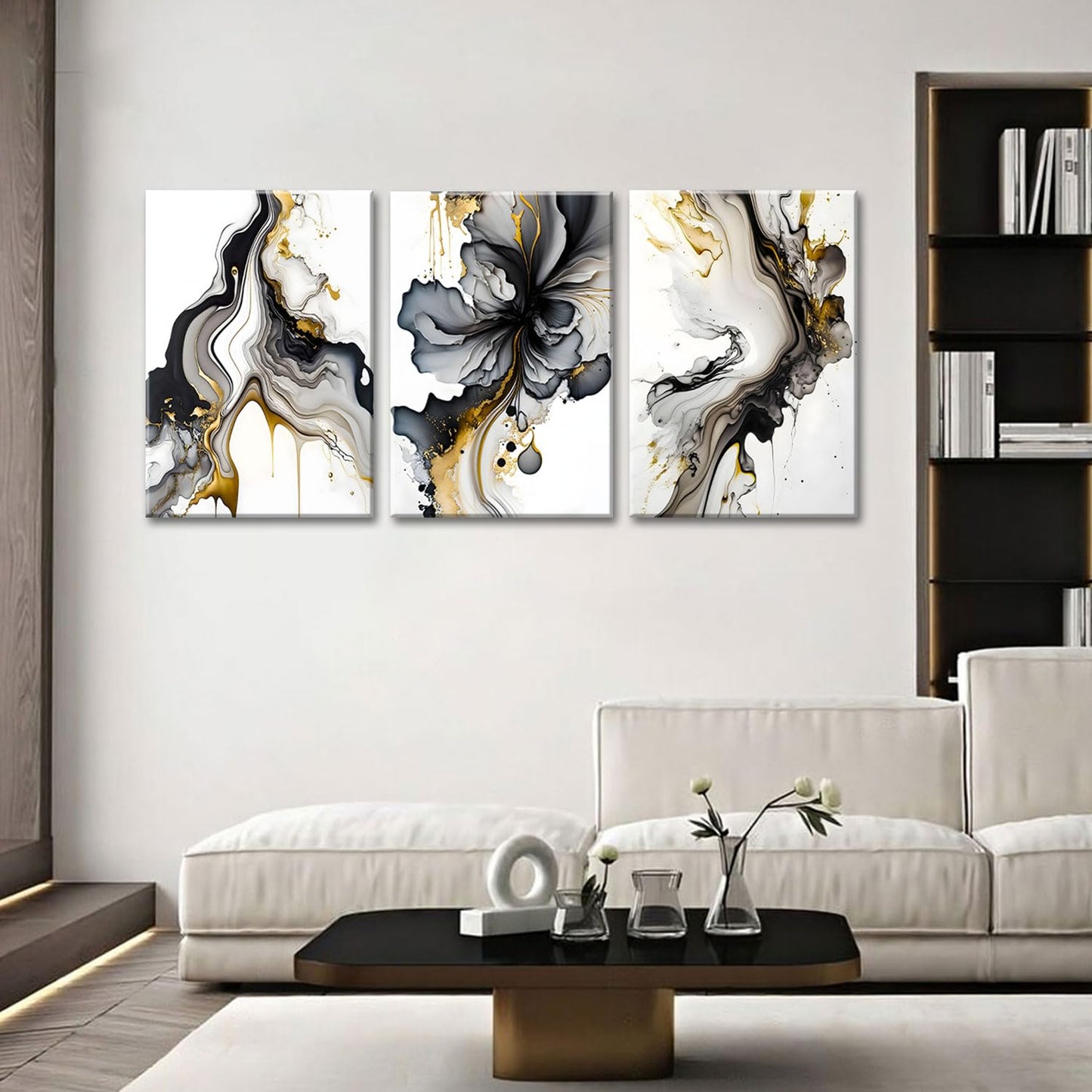 3Pcs Framed Black and Gold Abstract Wall Art, Modern Grey and Gold Marble Fluid Canvas Wall Art Prints Posters Wall Decor Pictures for Living Room Bedroom Office Home Decoration,Ready to hang