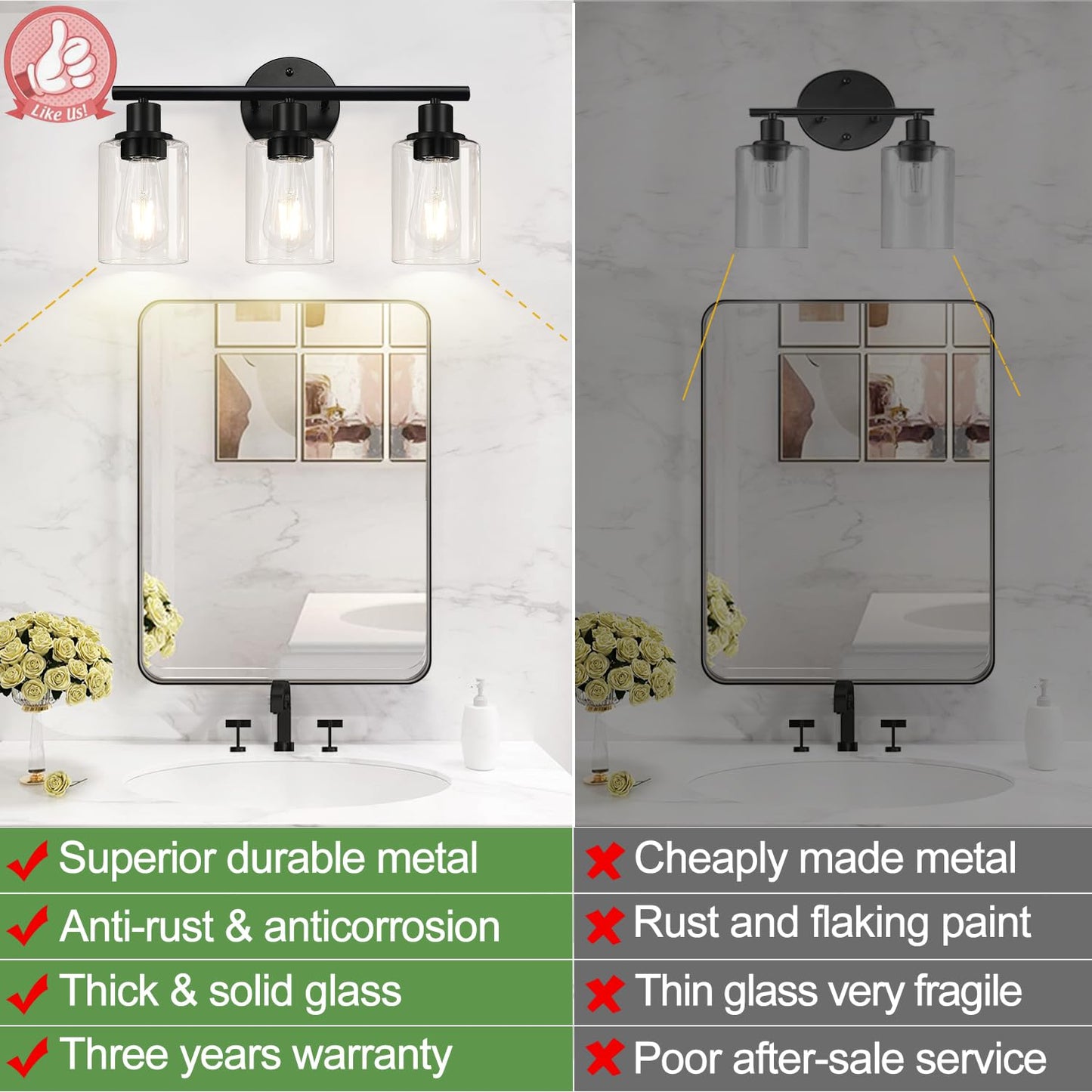 Zarbitta 3-Light Bathroom Light Fixtures, Black Modern Vanity Lights with Clear Glass Shade, Bathroom Wall Lamp for Mirror Kitchen Living Room Hallway Cabinet Porch