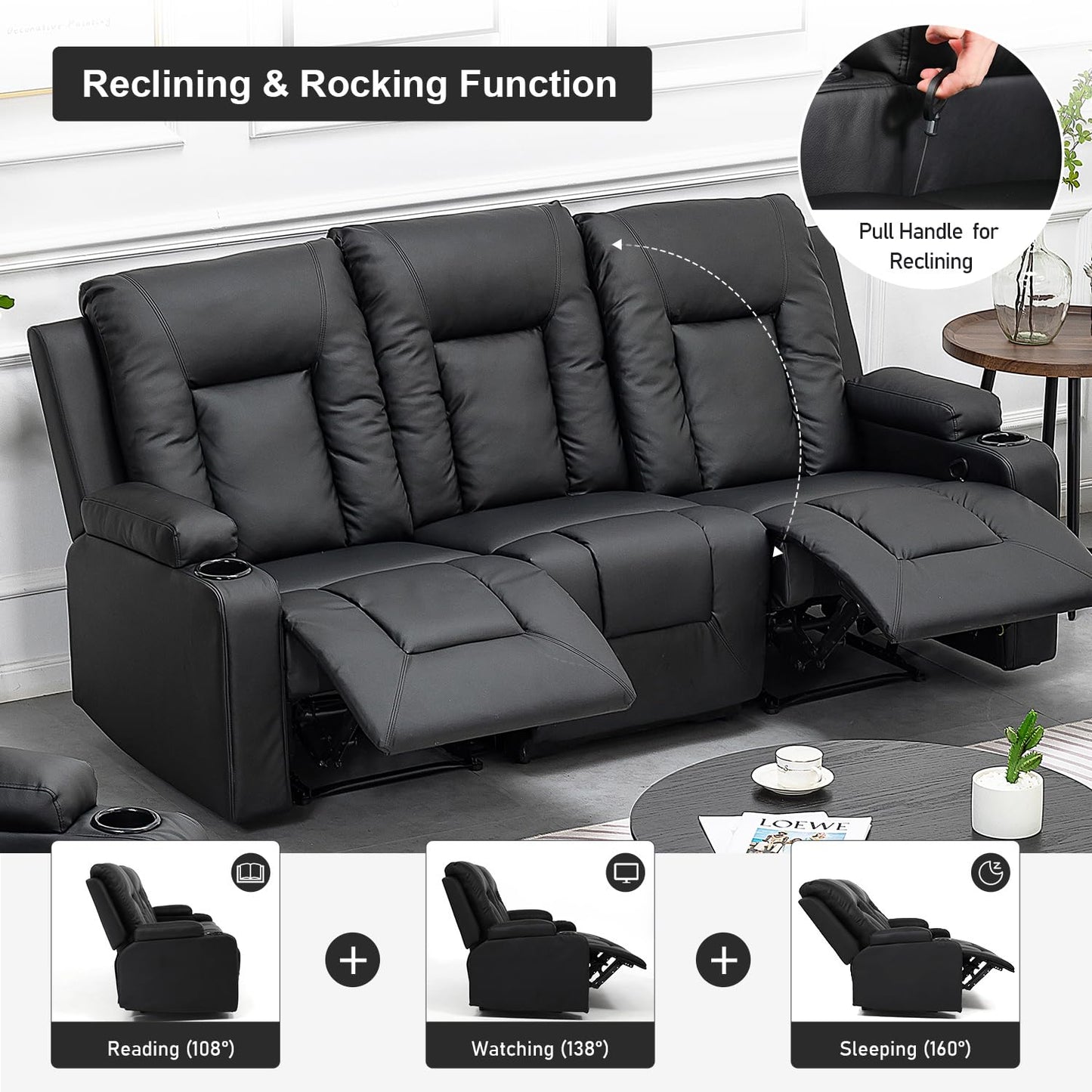 COMHOMA Recline Chair Set,Furniture 3PC Bonded Leather Recliner Set Living Room Set, Sofa, Recline Chair with massger(Black,Living Room Set 3)