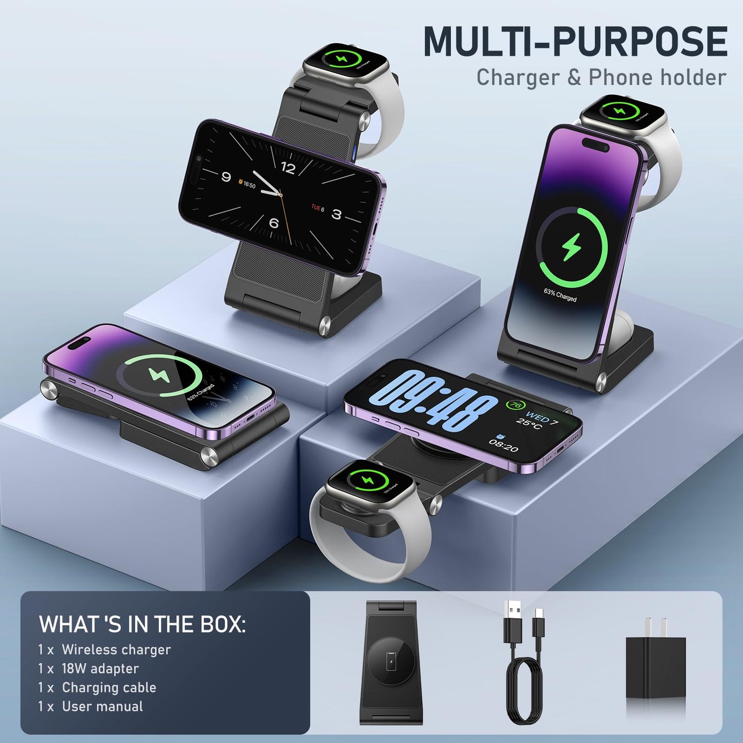 GEJIUCAI Magnetic Wireless Charger Stand, 3 in 1 Foldable Wireless Charging Station, Travel Charger for Multiple Devices for iPhone 15 14 13 12 Series, Apple Watch Ultra/SE/9/8/7/6/5/4/3/2, AirPods