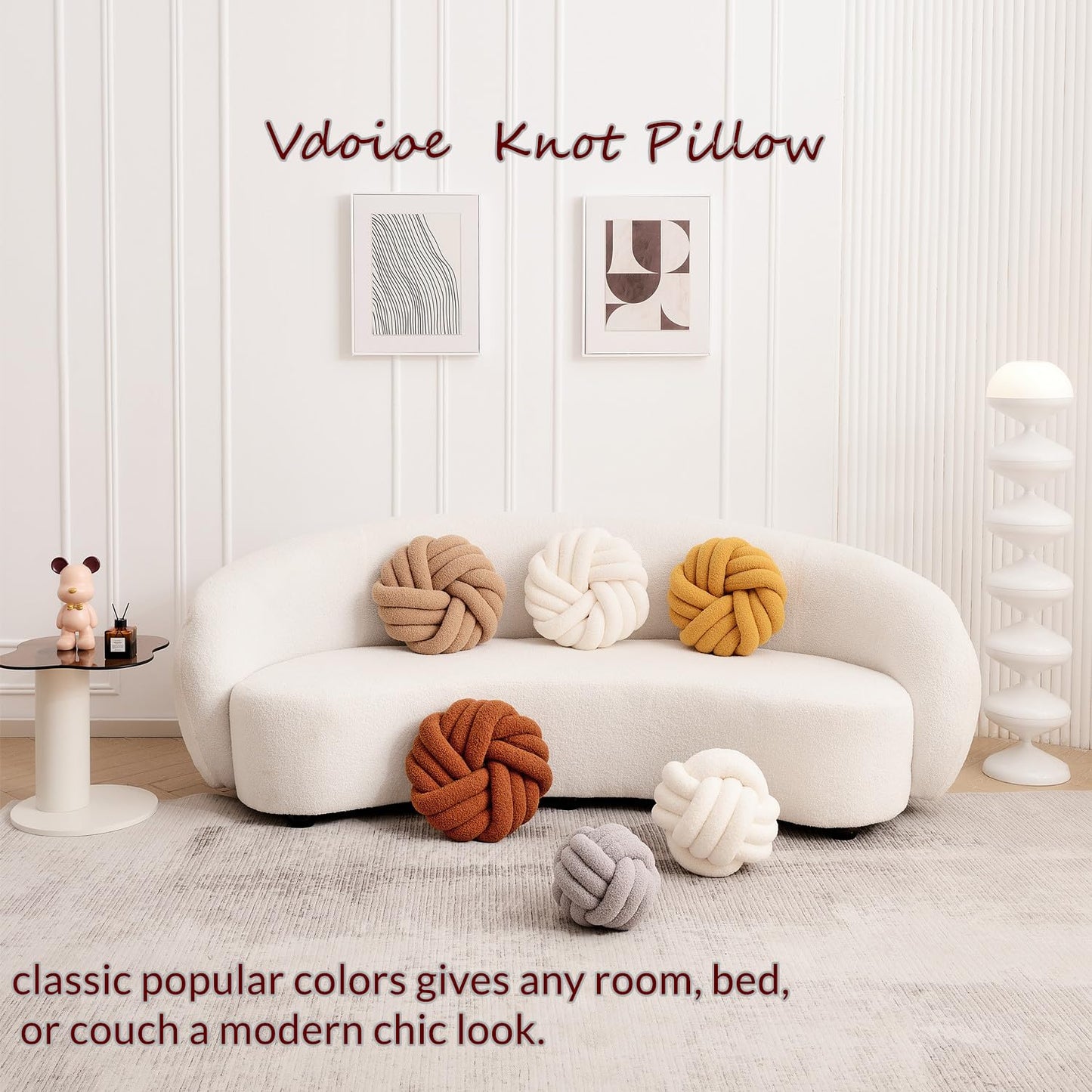 Vdoioe Cream White Knot Pillow 13.7'' Round Throw Pillow Soft Plush Knot Ball Pillow Handmade Knotted Pillow Modern Home Decorative Knotted Pillow Cushion for Bed Bedroom, Sofa, Couch