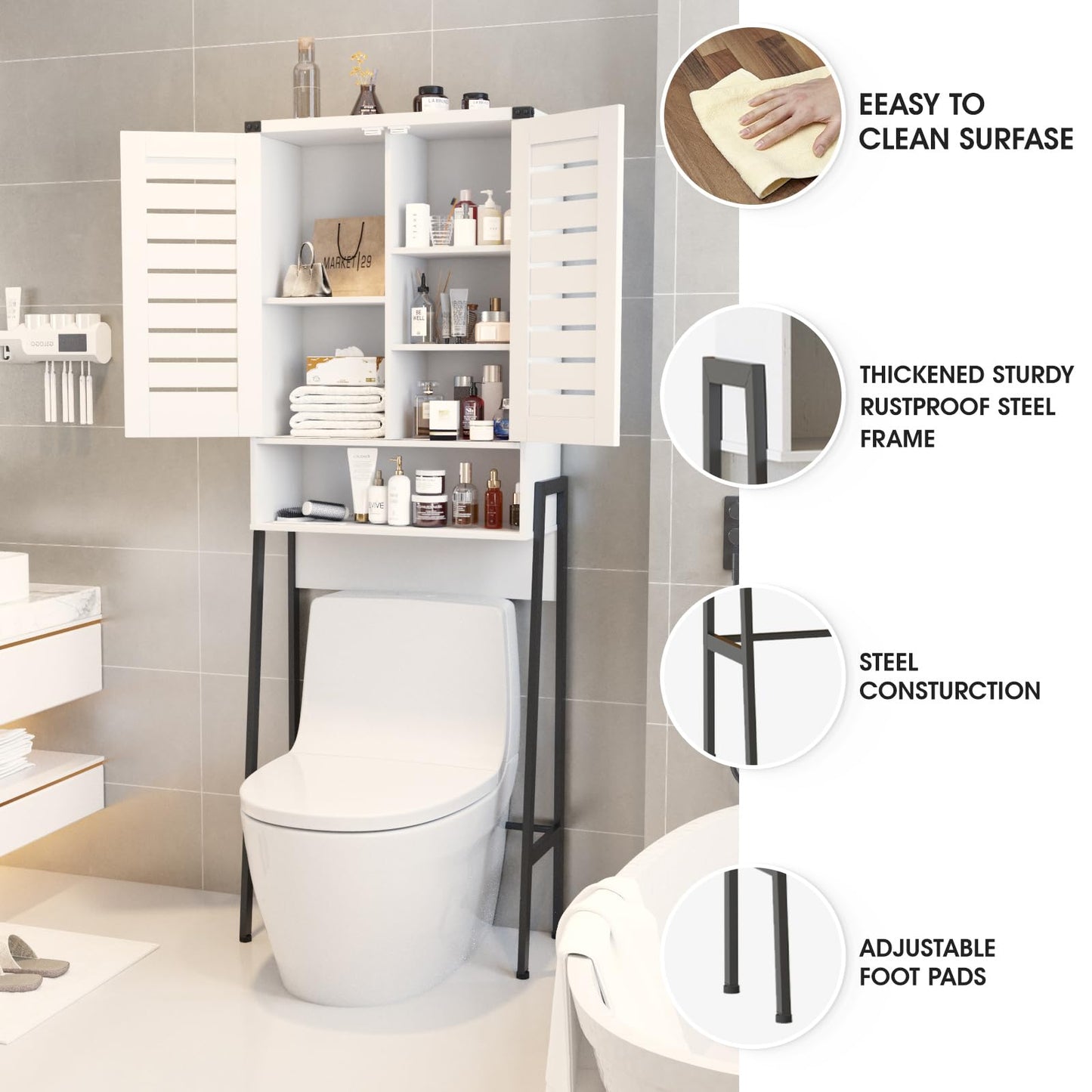 Saedew Over Toilet Storage Cabinet with 2-Door Blinds, Freestanding Space Saver with Organizer, White