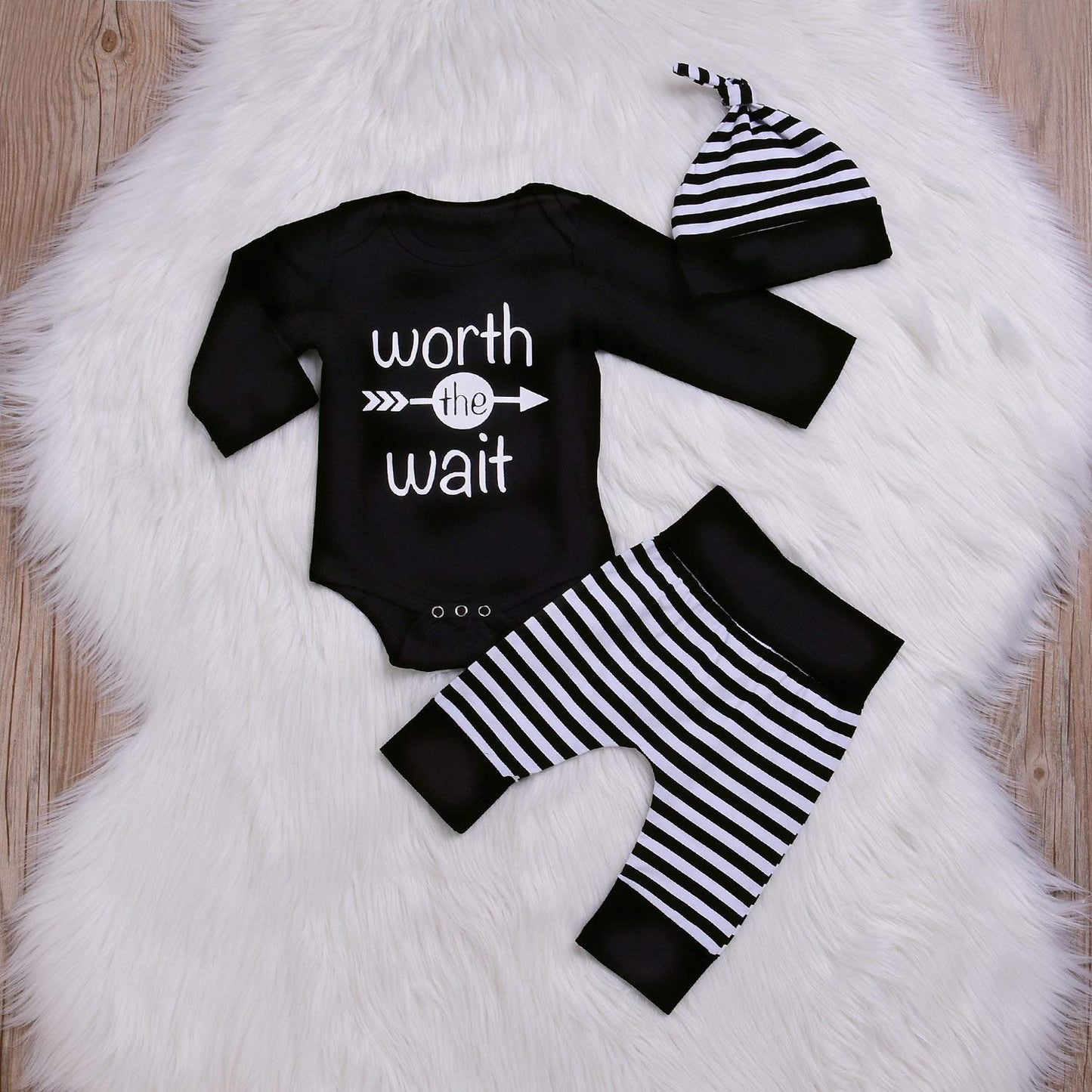 Baby Unisex Worth The Wait Arrow Printed Romper Striped Pant Hat Outfit Clothes (Black, Newborn)