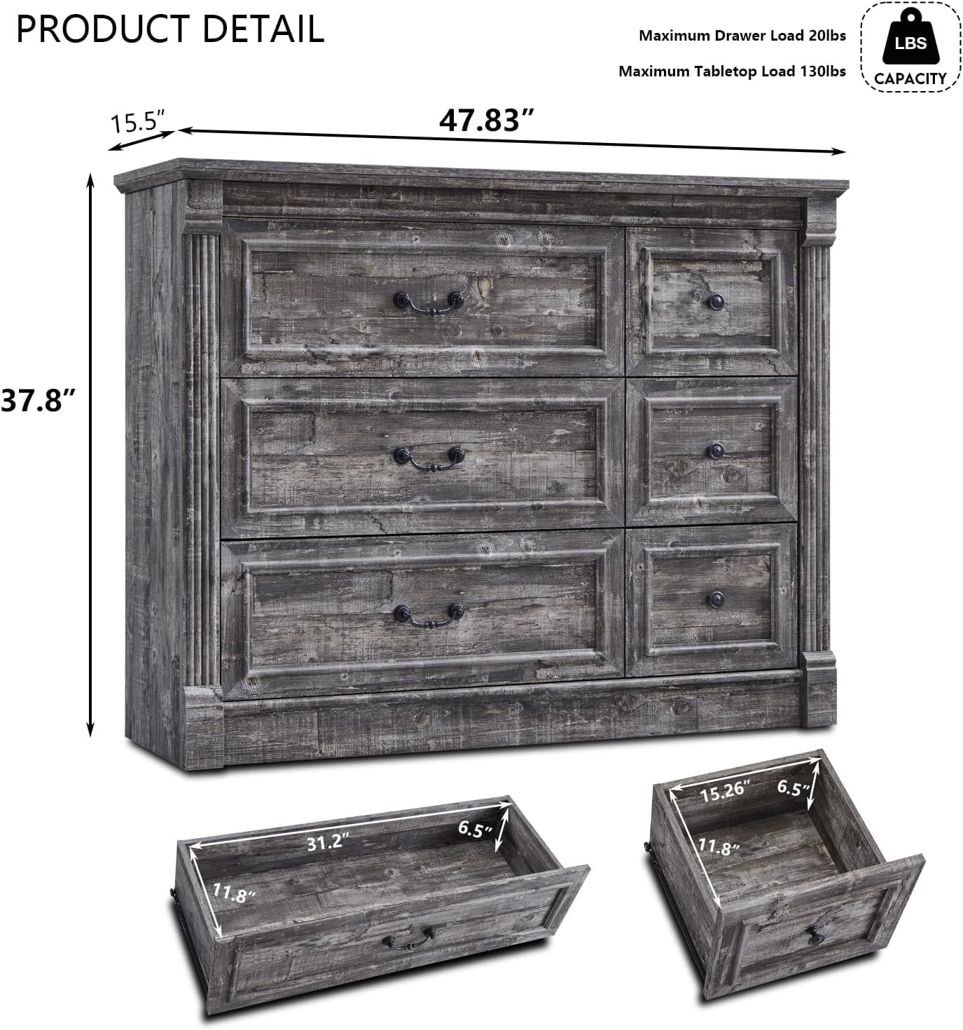 Aitjunz Farmhouse 6 Drawers Dresser for Bedroom, 48" Wide Large Dressers & Chests of Drawers w/Roman Column, Storage Dressers Organizer for Bedroom, Hallway, Living Room, Light Grey