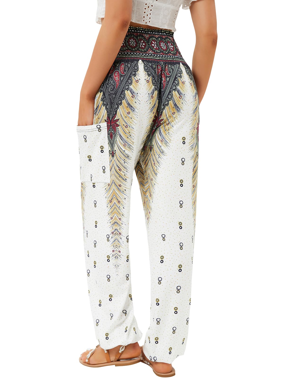 QIANXIZHAN Women's Harem Pants, High Waist Yoga Boho Trousers with Pockets White XL