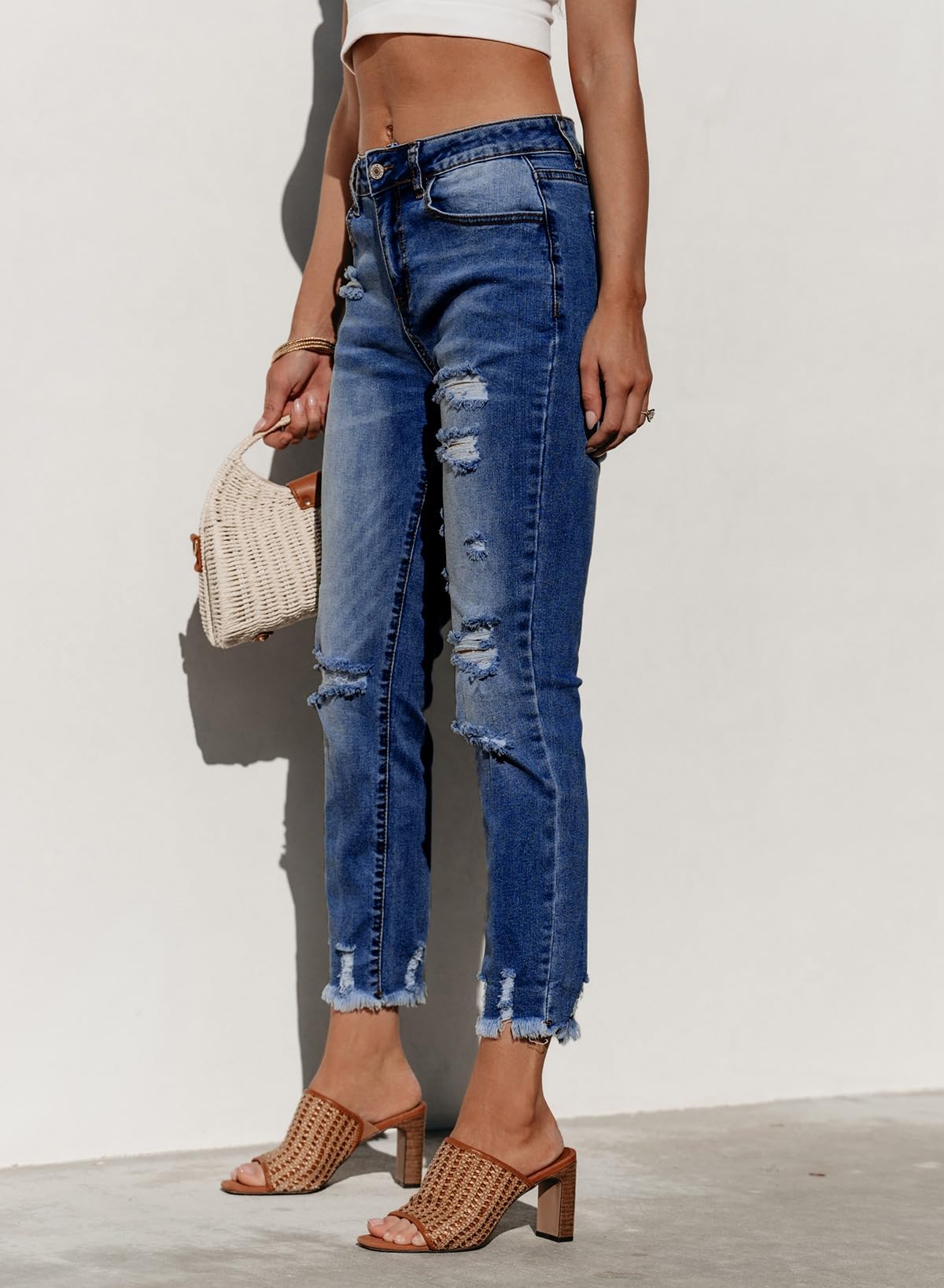 Sidefeel Women's Jeans Ripped Straight Leg Boyfriend Denim Pants Size 8 Blue