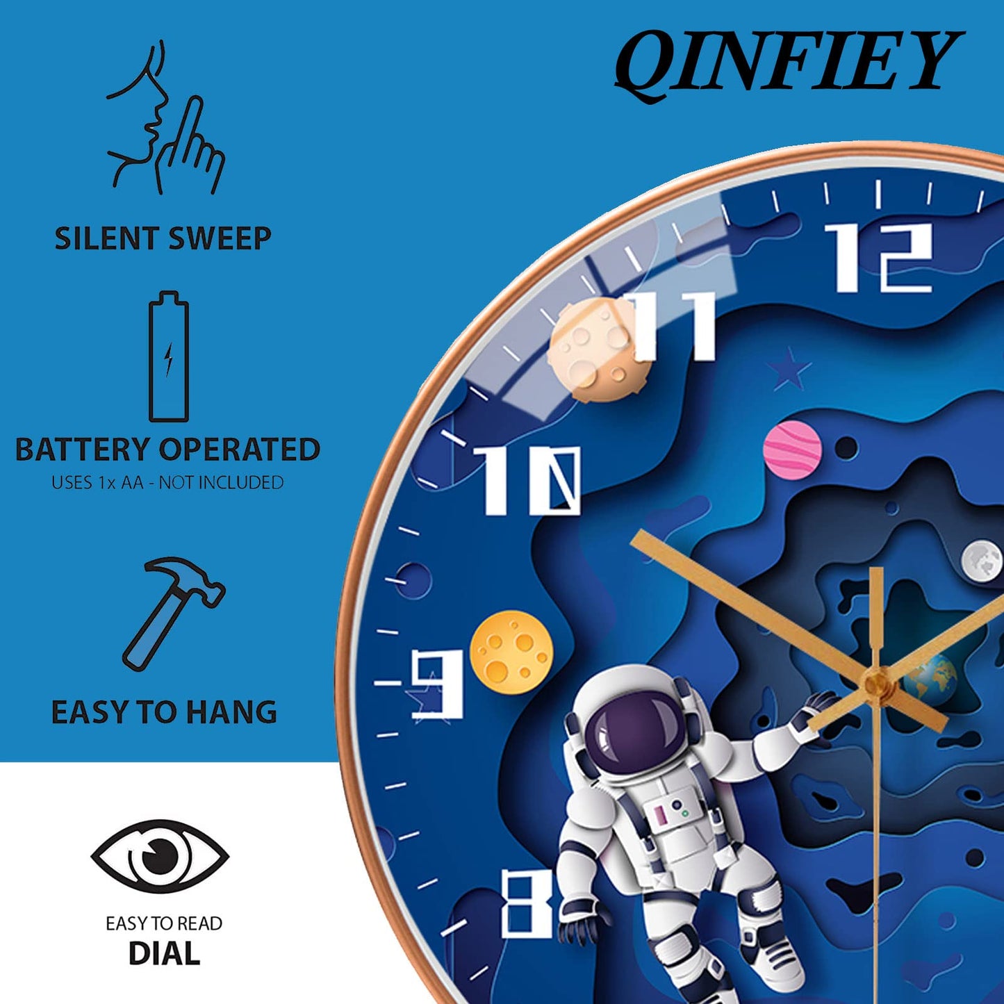 QINFIEY 12 Inch Silent Movement Kids Wall Clock, Non Ticking Children Round Wall Clock Battery Operated Space Travel Style Decor Children Clock for Home School Boys Bedroom Living Room (Blue)