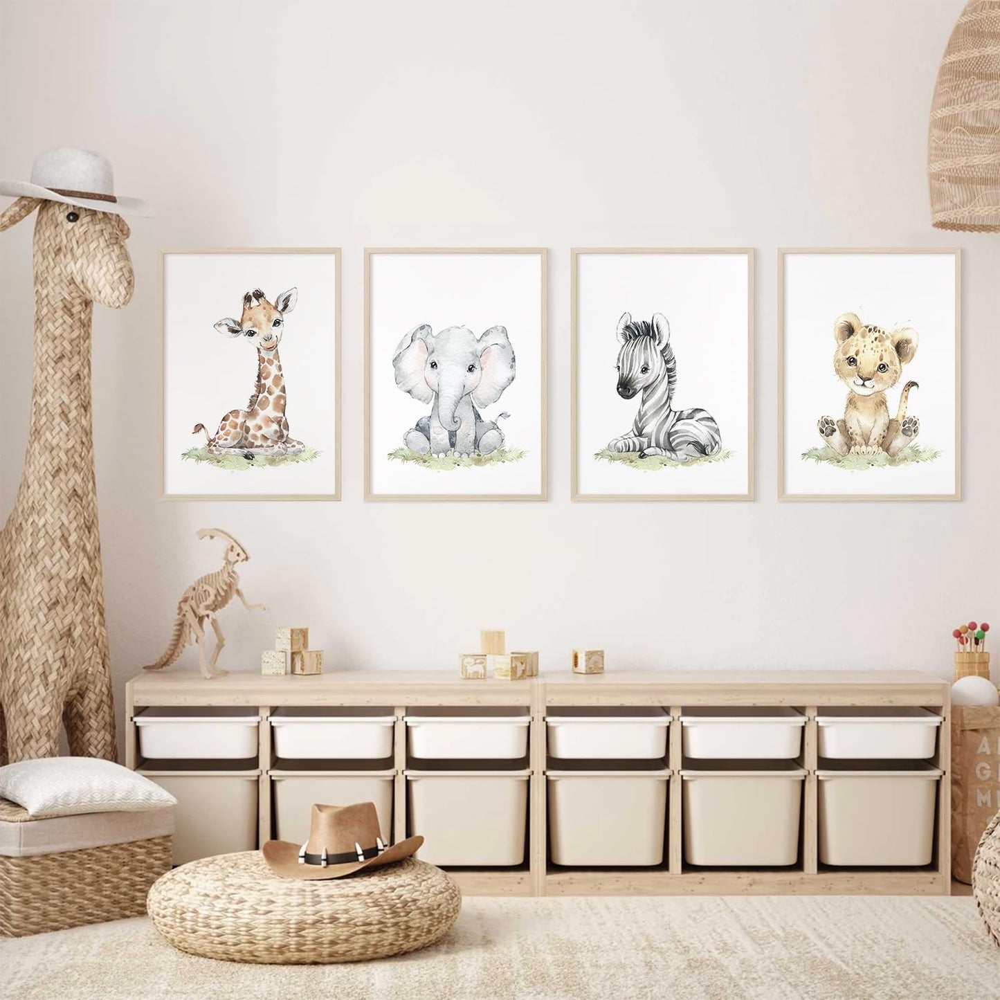 Safari Nursery Wall Art Decor Baby Animal Canvas Wall Art Woodland Nursery Wall Decor Kids Jungle Animal Pictures Safari Giraffe Elephant Tiger Prints for Room Bedroom Set of 4 12x16 Inch Unframed