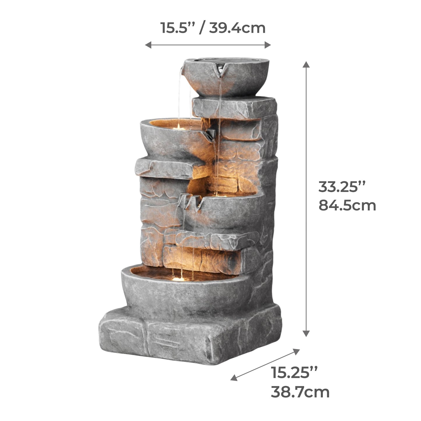 Teamson Home 33.25 in. Cascading Bowls and Stacked Stones LED Outdoor Water Fountain for Gardens, Landscaping, Patios, Balconies, and Lawns for a Calming Oasis in Outdoor Living Spaces, Stone Gray