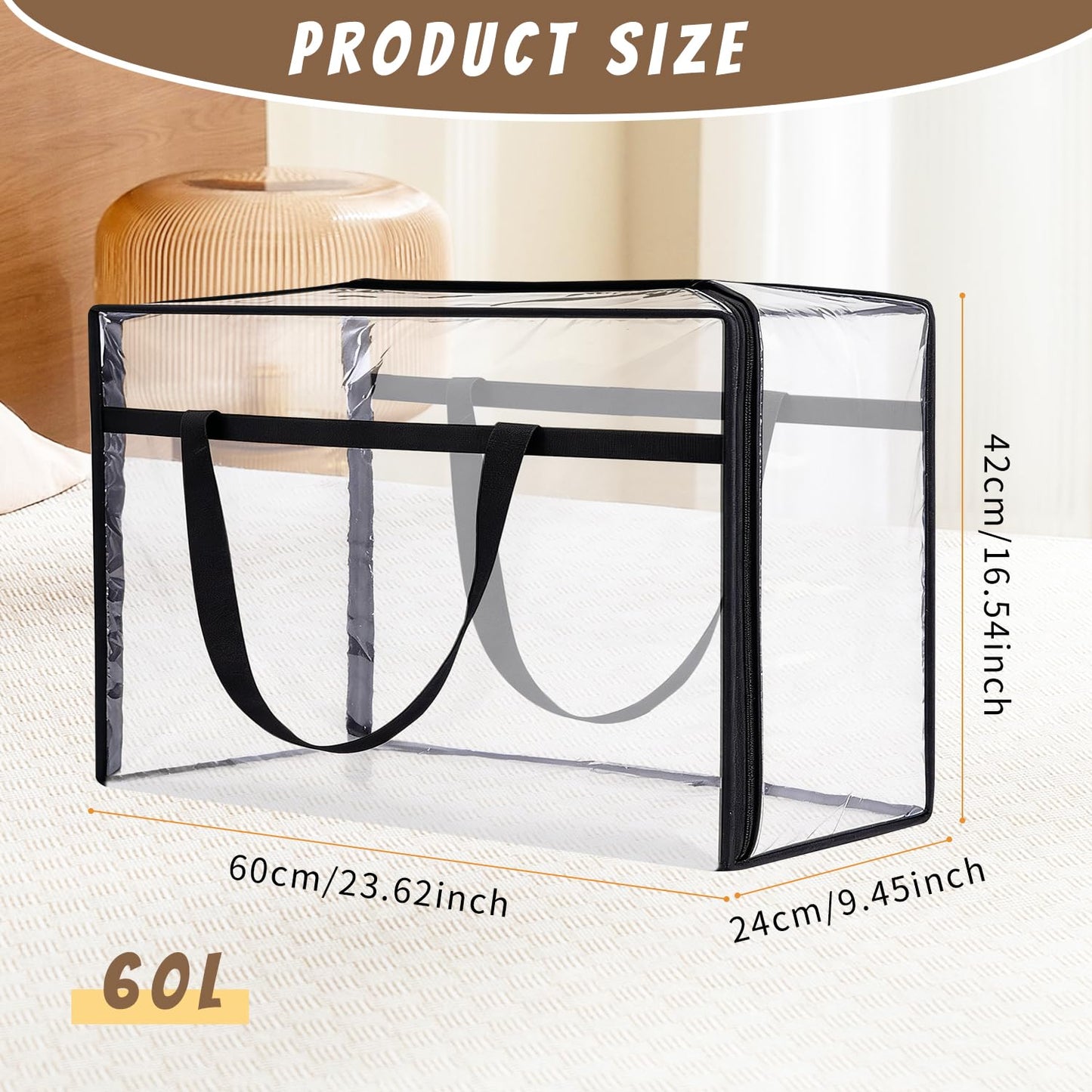 Nozefy 60L Clear Storage Bags Plastic Blanket Storage Bag Foldable Moving Organizers Containers with Zipper for Bedding Blanket Clothes Under Bed Holder - 2 Pcs