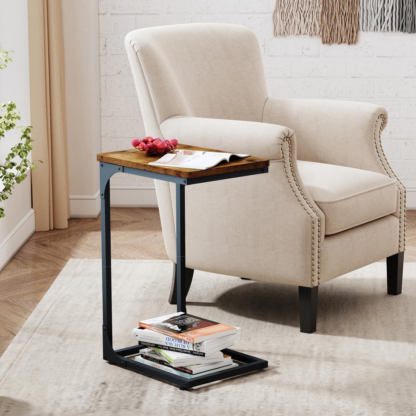 QEEIG C Table Side Table Set of 2 Living Room Sets C Shaped Couch Tray End Tables Farmhouse, Rustic Brown (017-30BN)