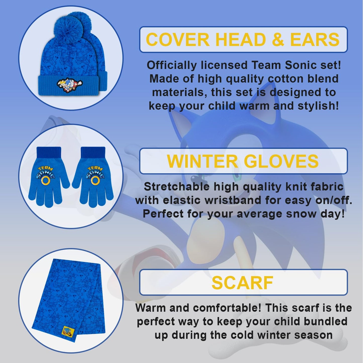 Accessory Supply Blue Sonic Winter Hat and Gloves Set for Boys Ages 5-13