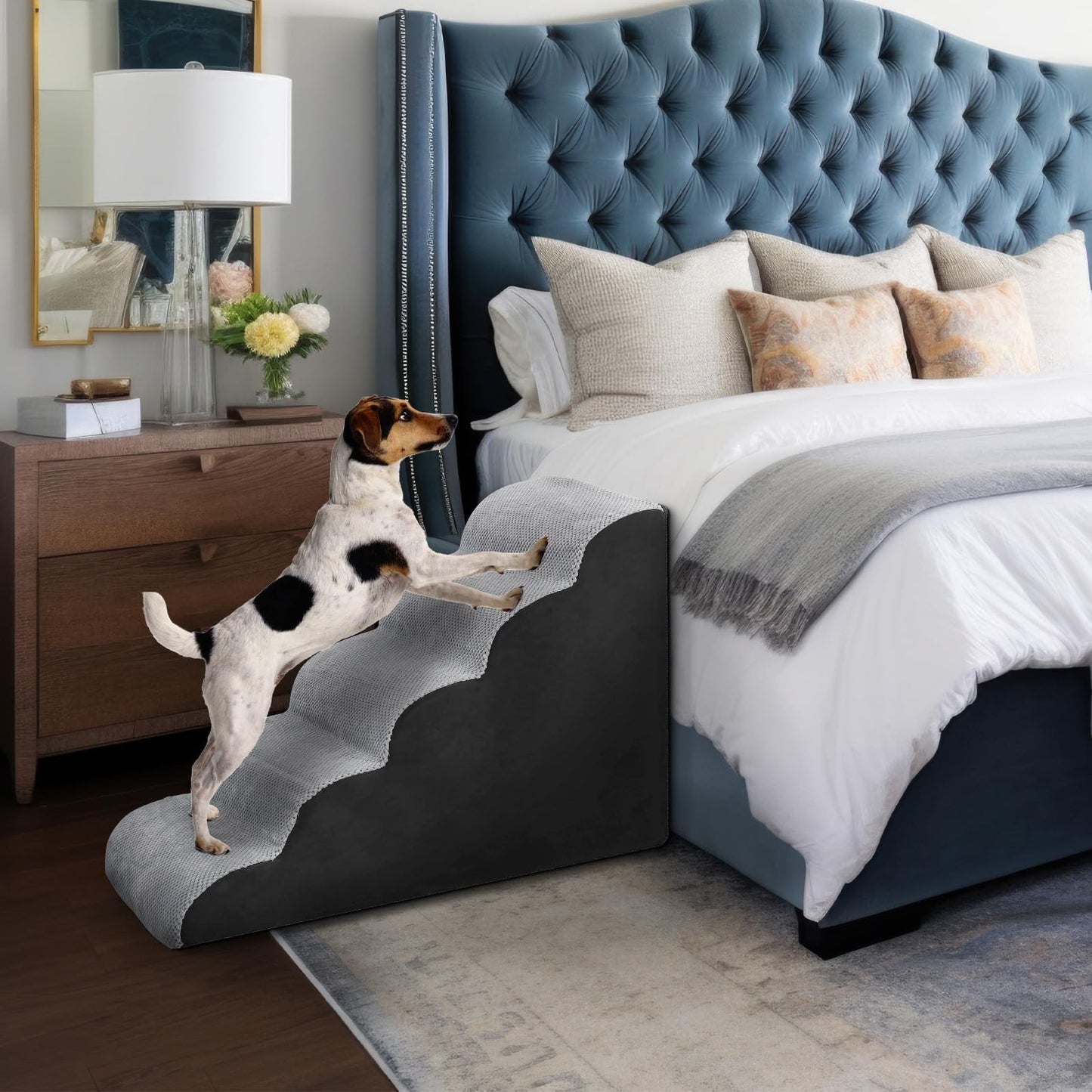 5 Steps Dog Ramp/Stairs for Beds and Couches,MOOACE Pet Stairs with High Density Expand Immediately Foam, Washable Cover and Pet Hair Remover Roller - Reduce Stress on Pet Joints Gray/Black