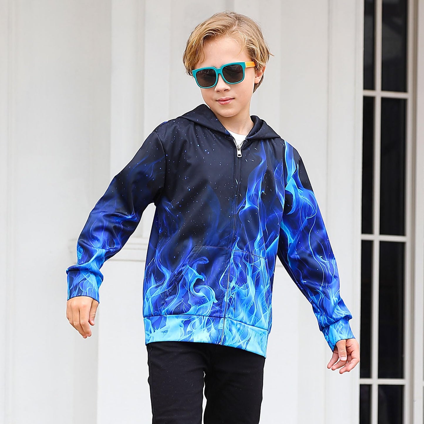 TUONROAD 6 7 8 Year Old Boys Blue Flame Hoodies Pullover Little Girls Fall Winter Lightweight Thin Coats for Kids Size 6 7 8 Cute 3D Fire Graphic Flaming Smoke Sweatsuits Zip up Hooded Clothes