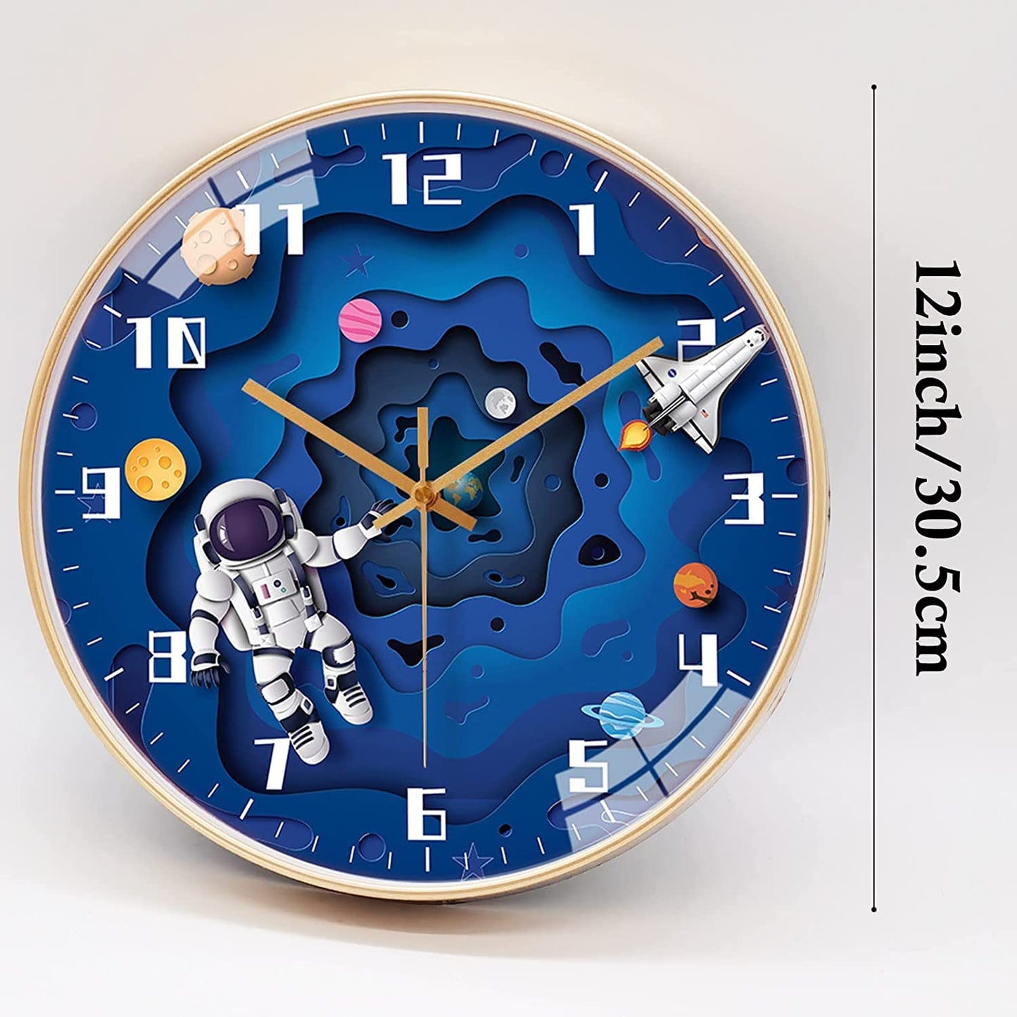 QINFIEY 12 Inch Silent Movement Kids Wall Clock, Non Ticking Children Round Wall Clock Battery Operated Space Travel Style Decor Children Clock for Home School Boys Bedroom Living Room (Blue)