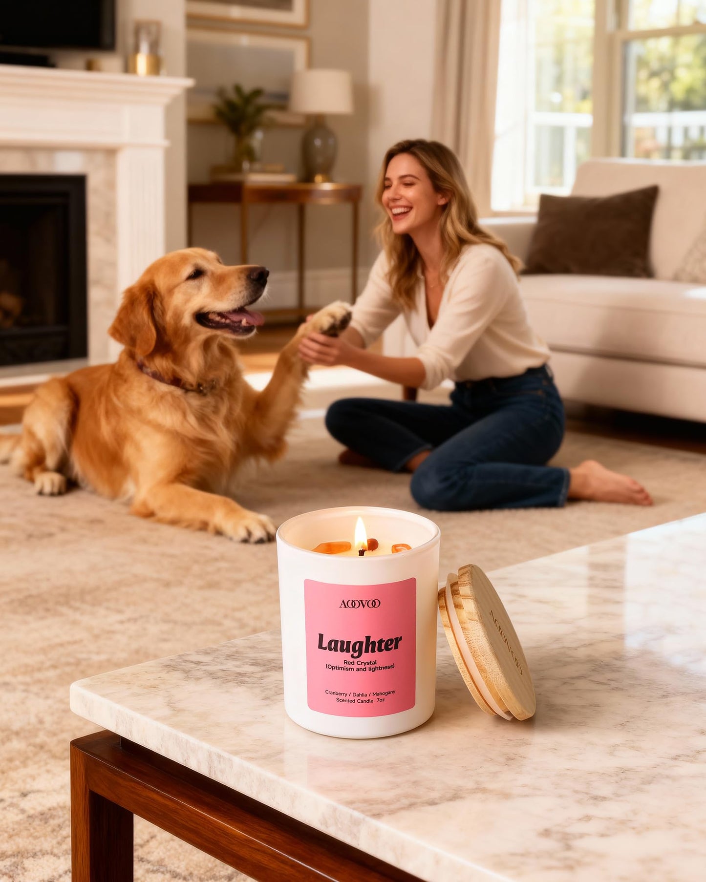 AOOVOO Energy Candles Set for Women - 4 Pack Candles for Home Scented, 28 oz 200 Hour Burn, Aromatherapy Candle with Crystals, Laughter Red Quartz/Love Rose Quartz/Joy Citrine/Passion Red Agate