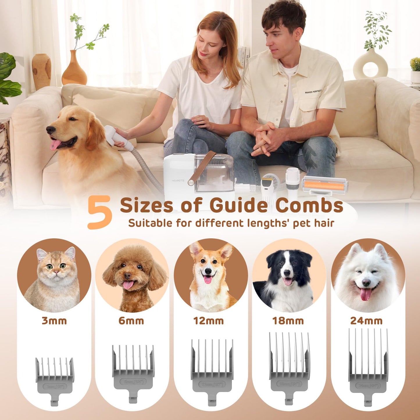 HEAPETS Dog Grooming Vacuum Kit, 3L Pet Grooming Vacuum with 7 Pet Grooming Tools, Dog Vacuum for Shedding Grooming at Home with Low Noise Electric Clipper and Brush, White