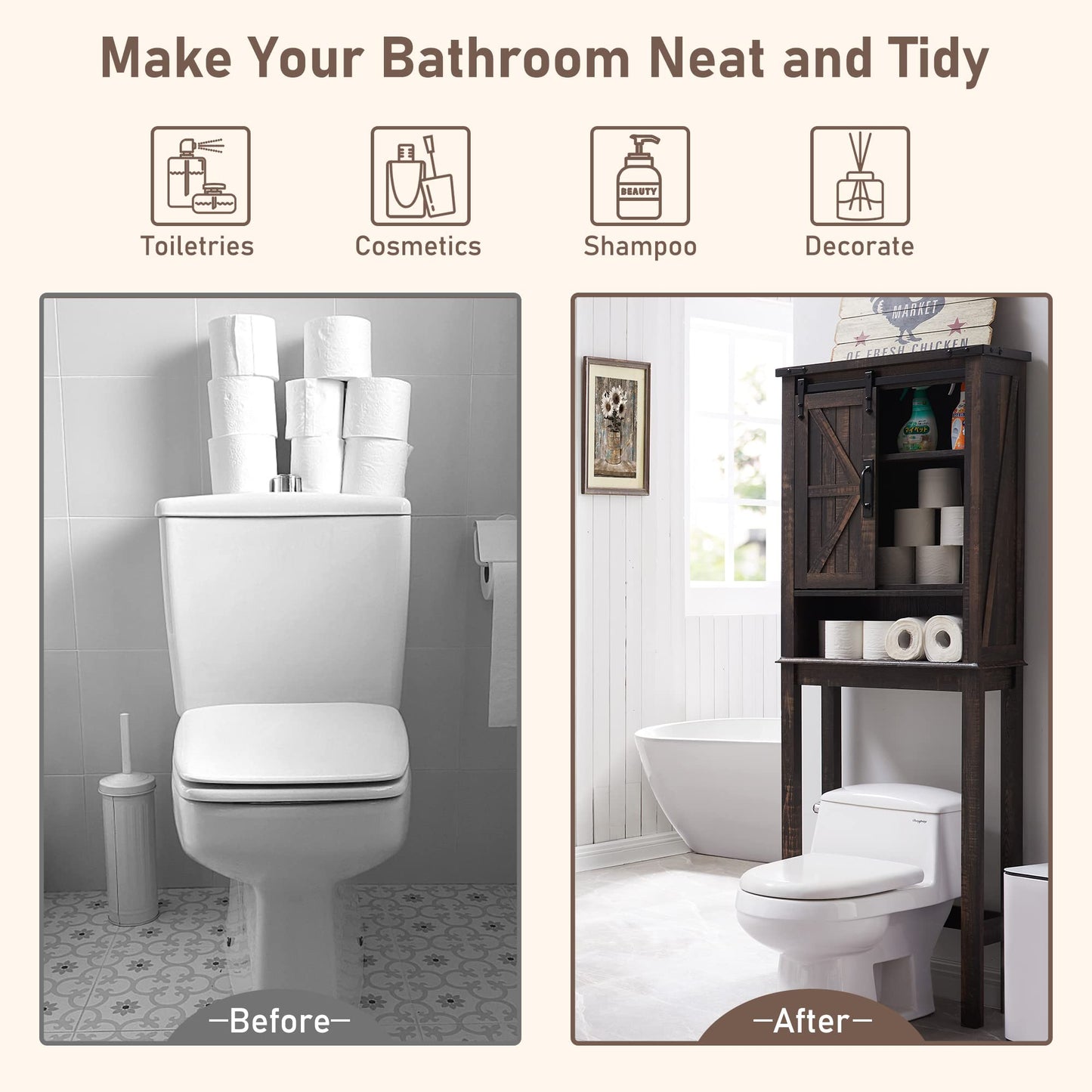 OKD Over The Toilet Storage Cabinet, Farmhouse Storage Cabinet Over Toilet with Sliding Barn Door & Adjustable Shelves, Home Space Saver for Bathroom, Living Room, Dark Rustic Oak