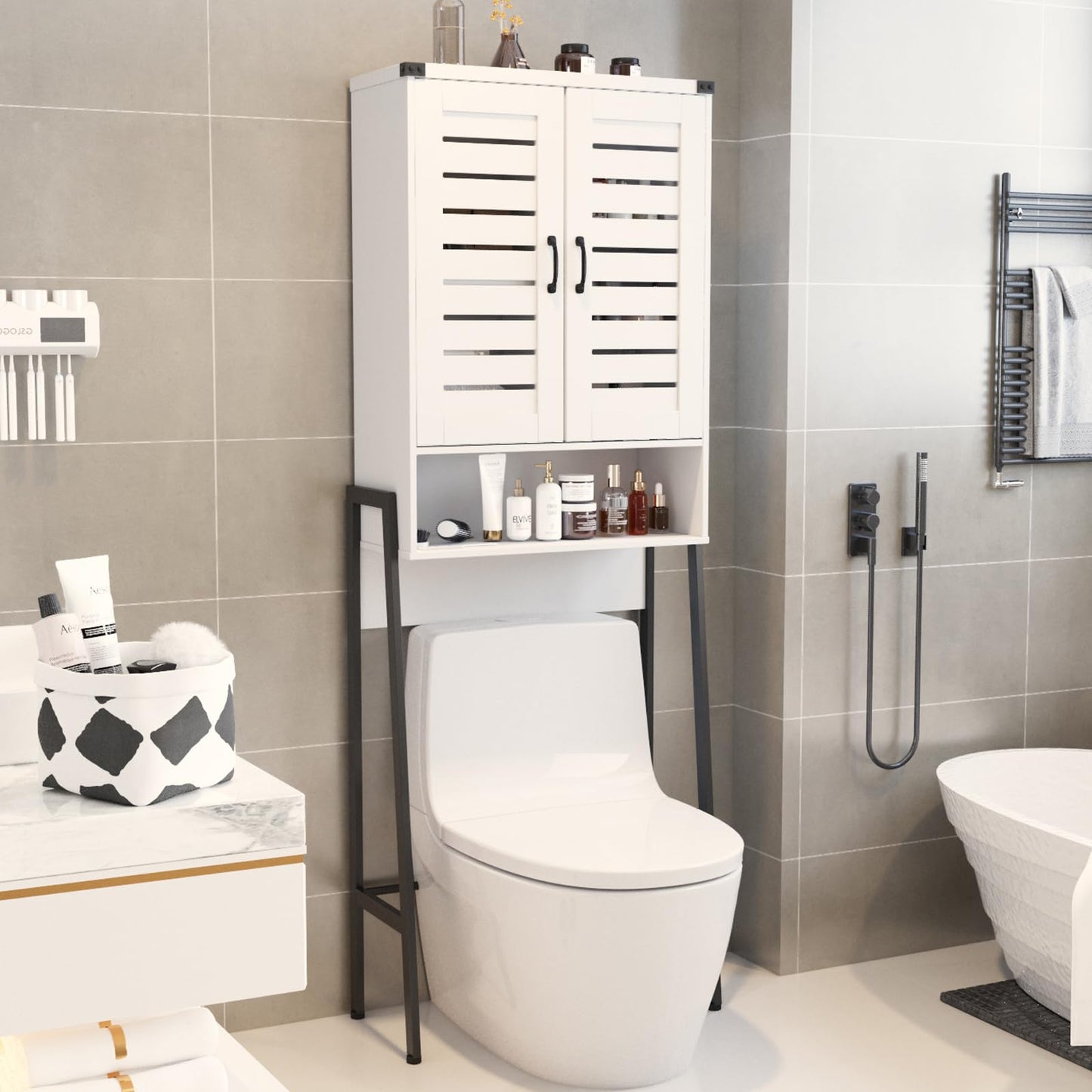 Saedew Over Toilet Storage Cabinet with 2-Door Blinds, Freestanding Space Saver with Organizer, White