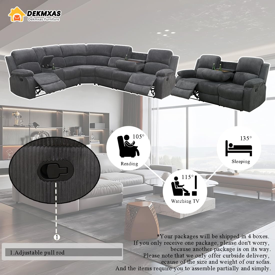 Dekmxas Living Room Furniture Sets, Recliner Sectional Sofa with Cup Holders, Grey Corduroy Reclining Sectional Sofa Set with Drop-Down Table, Storage Console for Living Room, Bedroom, Apartment