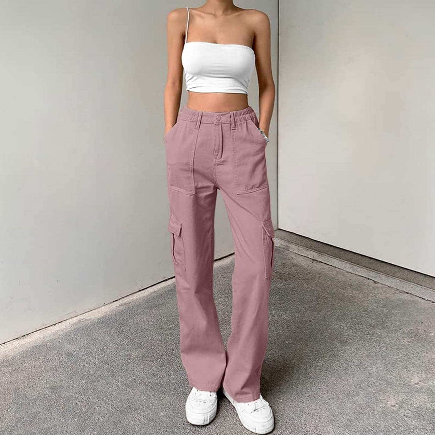 Lepunuo Cargo Pants for Women High Waisted Casual Pants Baggy Stretchy Wide Leg Y2K Streetwear with 6 Pockets Purple Gray
