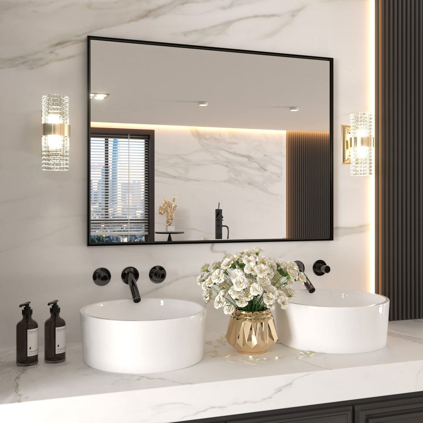 LOAAO 48"X32" Black Rectangle Bathroom Mirror Wall, Matte Black Aluminum Alloy Frame, Tempered Glass, Hangs Vertically or Horizontally, Easy to Install