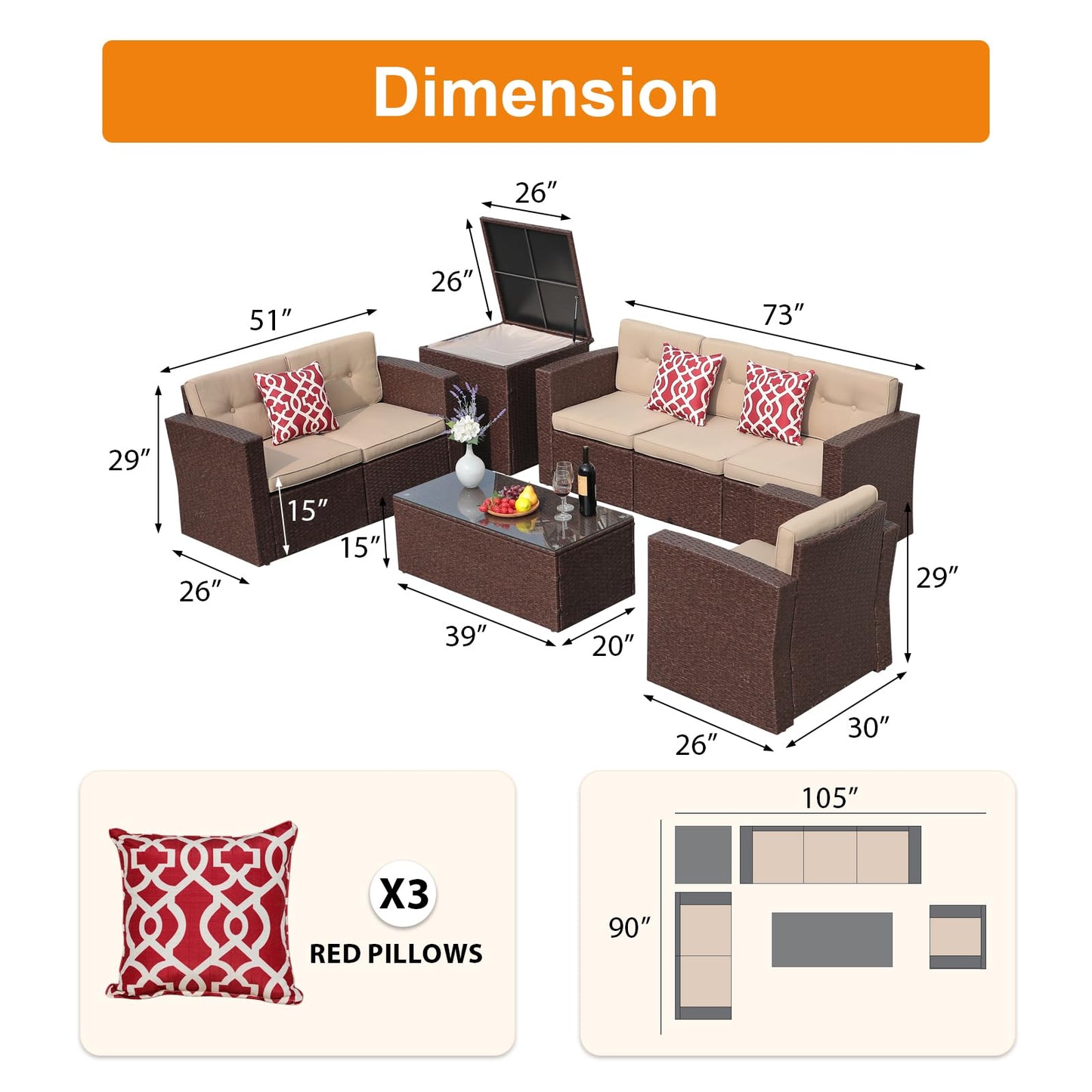 Super Patio 8 Pieces Patio Furniture Sets, All Weather Outdoor Sectional Patio Sofa, U-Shaped PE Wicker Patio Conversation Sets w/Storage Box, Coffee Table, 3 Pillows, for Garden, Porch, Brown