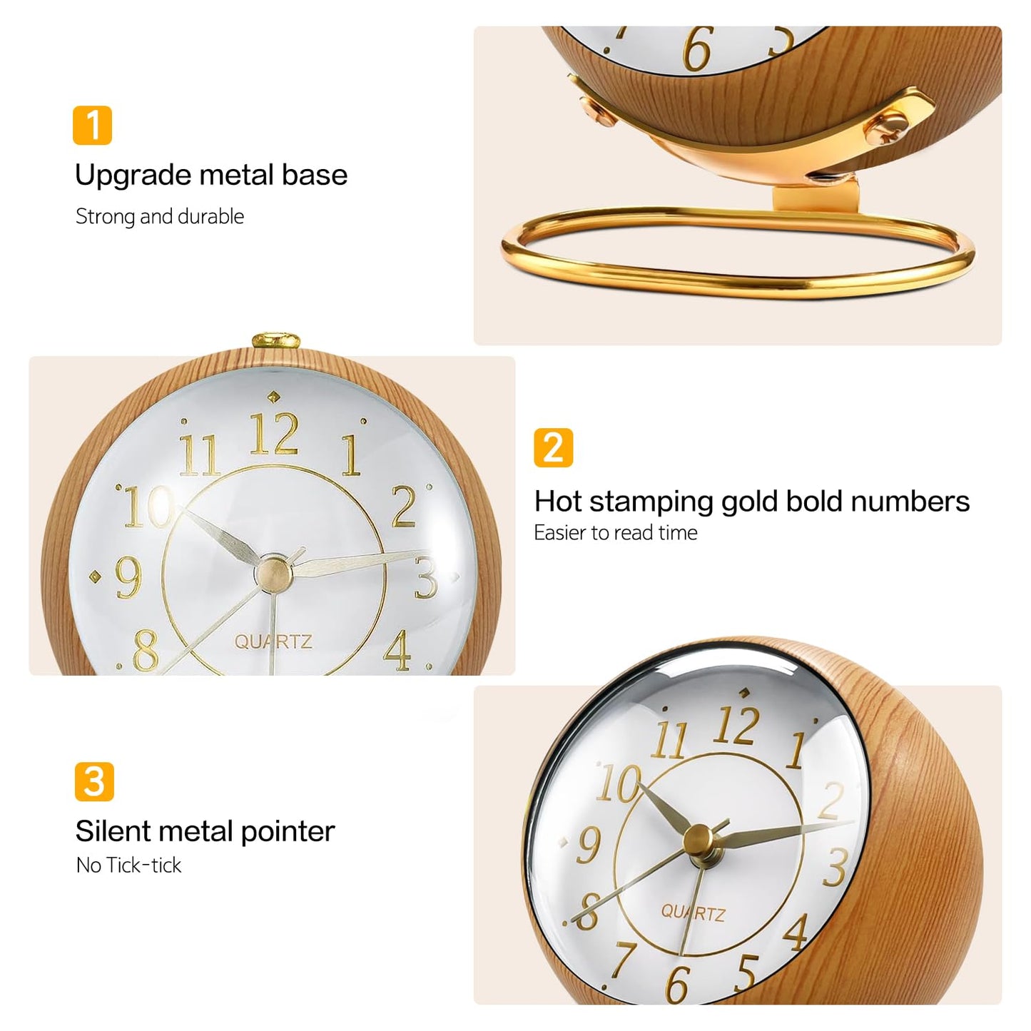 Tetino Small Clock,Alarm Clocks with Snooze Night Light,Battery Operated,no Ticking Sound,for Bedroom,Living Room,Kitchen,Cupboard,Desk,Shelf,Office,Decor,Retro Analog Clocks. (Light Colour)