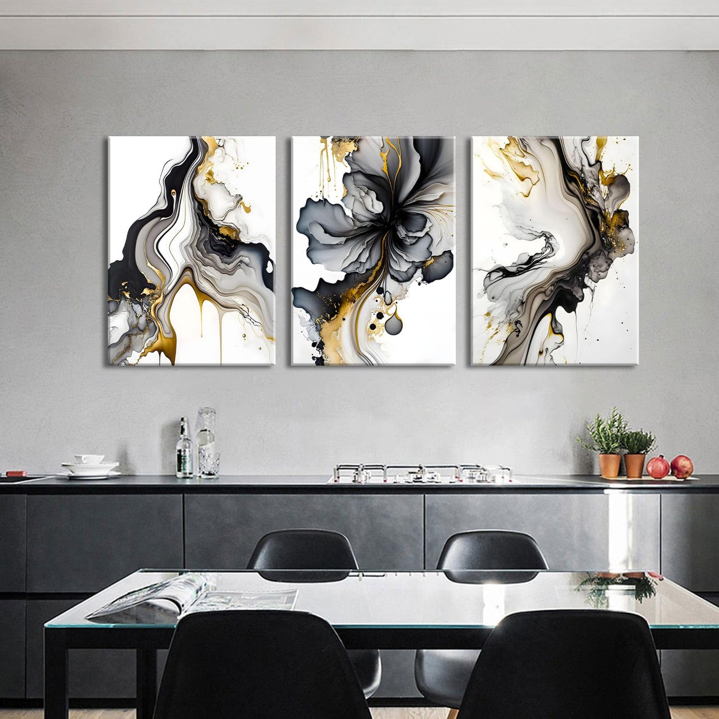 3Pcs Framed Black and Gold Abstract Wall Art, Modern Grey and Gold Marble Fluid Canvas Wall Art Prints Posters Wall Decor Pictures for Living Room Bedroom Office Home Decoration,Ready to hang