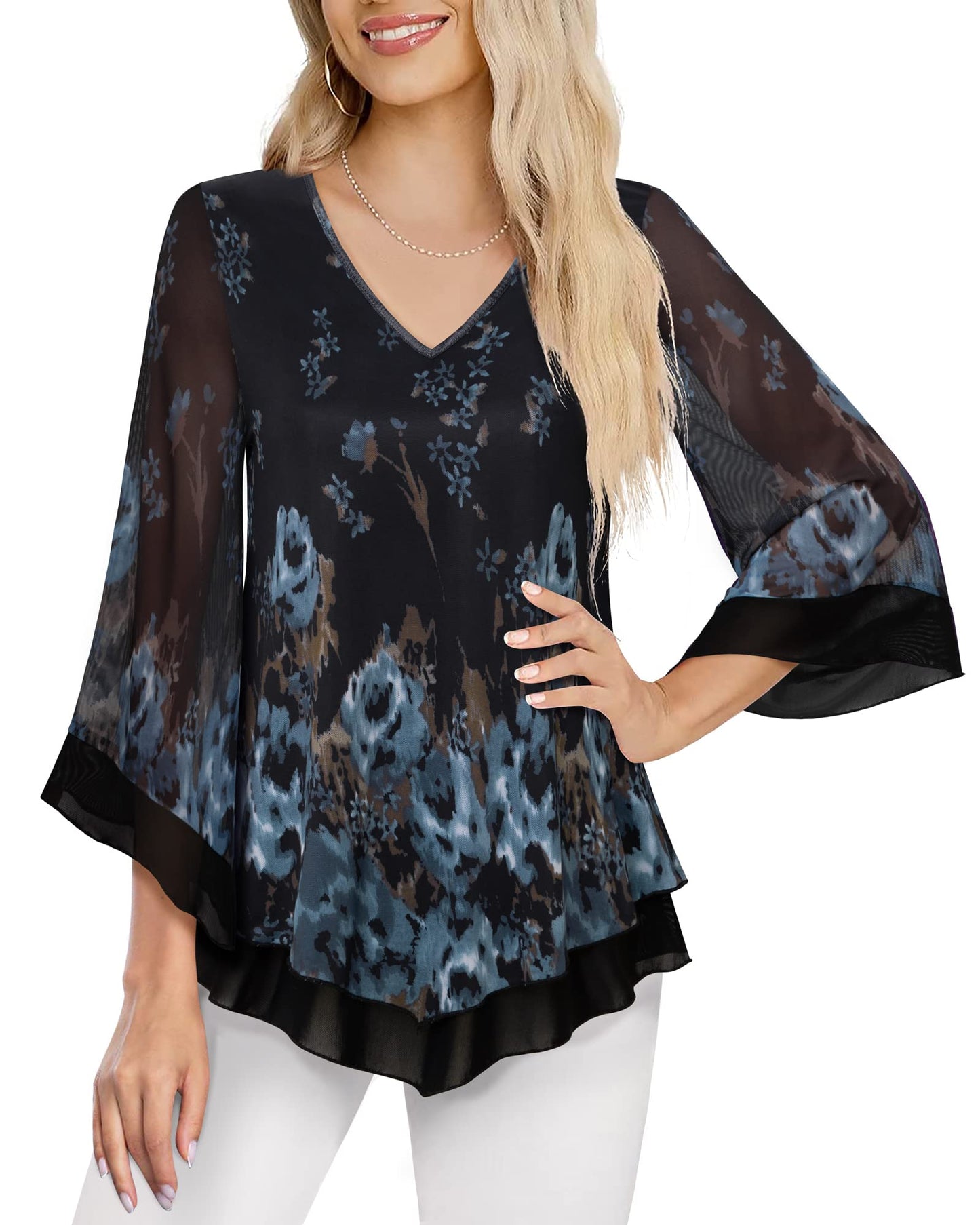 Dressy Tunic Tops for Women, Lotusmile Elegant Blouses for Women Evening Party Skin-Friendly Double Layers Ladies Dress Blouses for Work Overlay Tops Leggings Shirts for Women, Floral Blue Medium