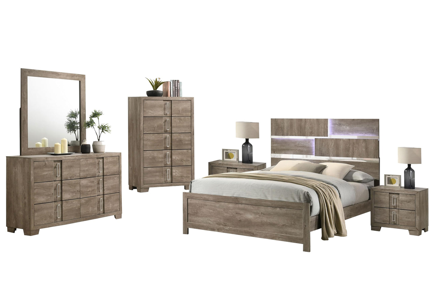 Kings Brand Furniture Dawson Modern 6-Piece King Size Farmhouse Style Bedroom Set in Light Brown Finish - Bed with LED Lights, Dresser, Mirror, Chest & 2 Nightstands