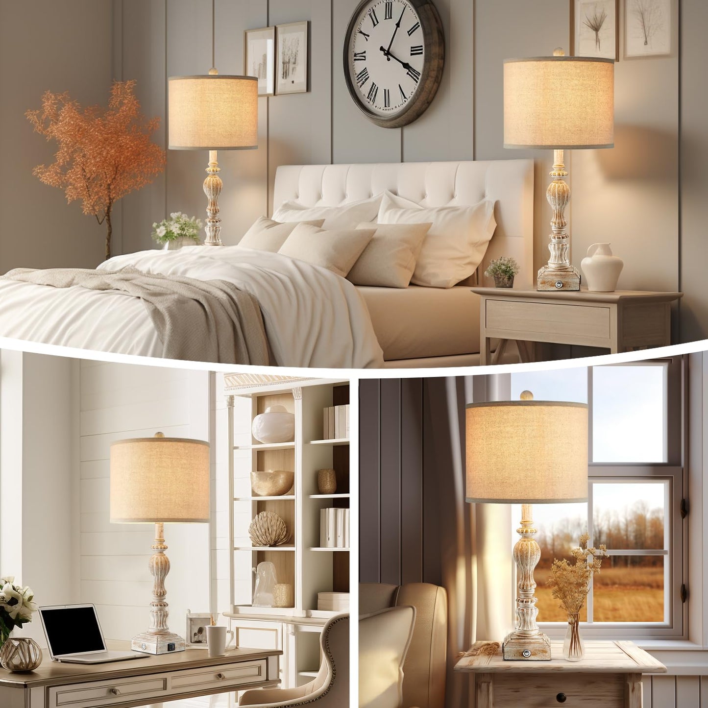 Vintage Farmhouse Table Lamp Set of 2 with USB A+C for Living Room Rustic Table Lamp 27" Tall 3-Way Dimmable Touch Bedside Lamps Traditional Bedroom Nightstand Lamps Linen Washed Antique White