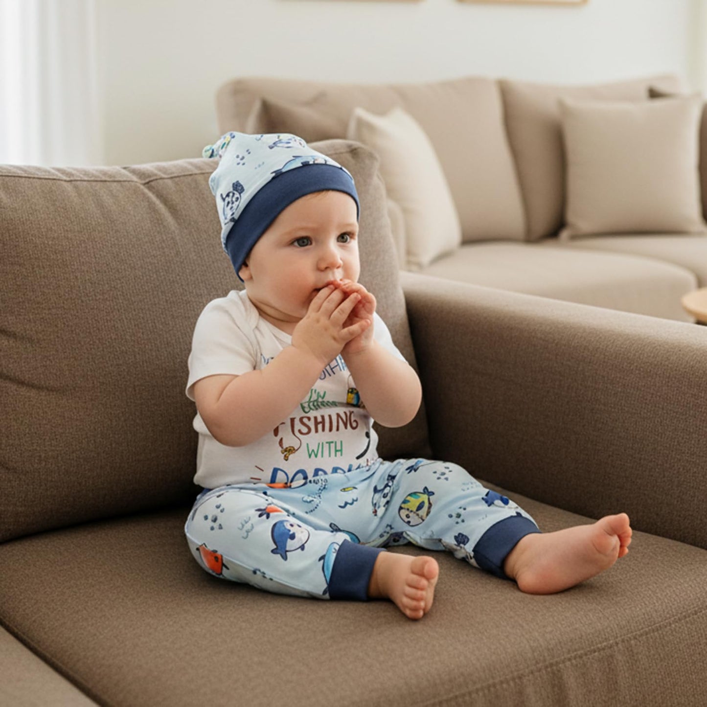 Bagilaanoe 3PCS Summer Outfit Newborn Baby Boy Clothes Fishing with Daddy Short sleeve Romper Pants Hat Set (Blue, 3-6 Months)