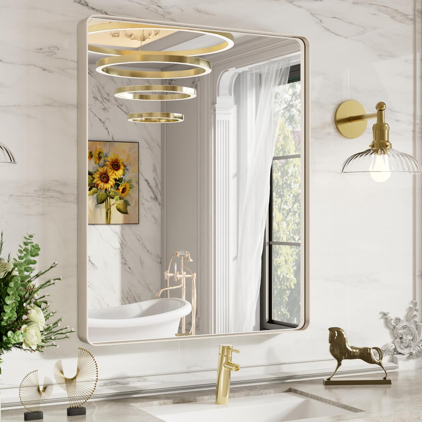 LOAAO 22X30 Inch Brushed Nickel Bathroom Mirror, Rounded Rectangle Silver Metal Frame Mirror, Brushed Nickel, Anti-Rust, Hangs Horizontally or Vertically