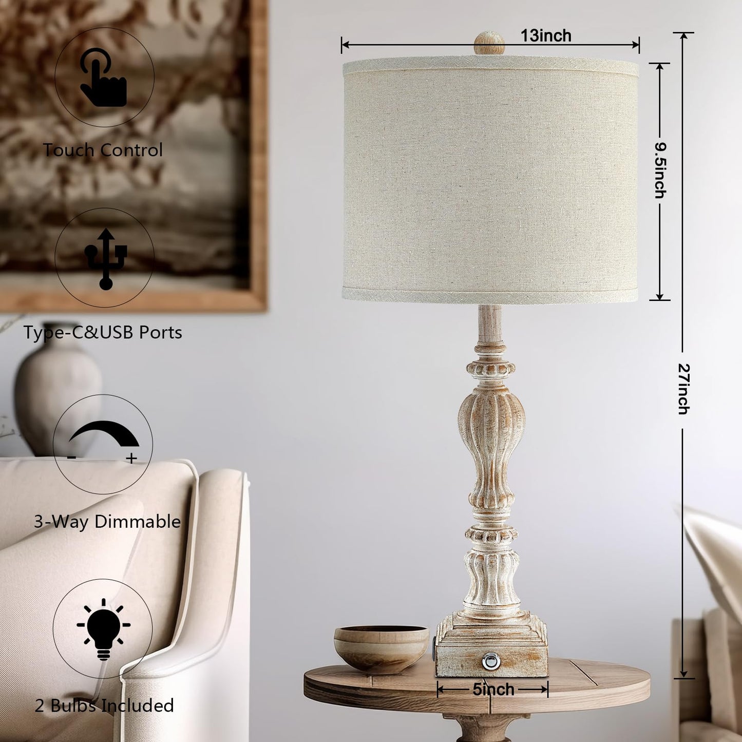 Vintage Farmhouse Table Lamp Set of 2 with USB A+C for Living Room Rustic Table Lamp 27" Tall 3-Way Dimmable Touch Bedside Lamps Traditional Bedroom Nightstand Lamps Linen Washed Antique White