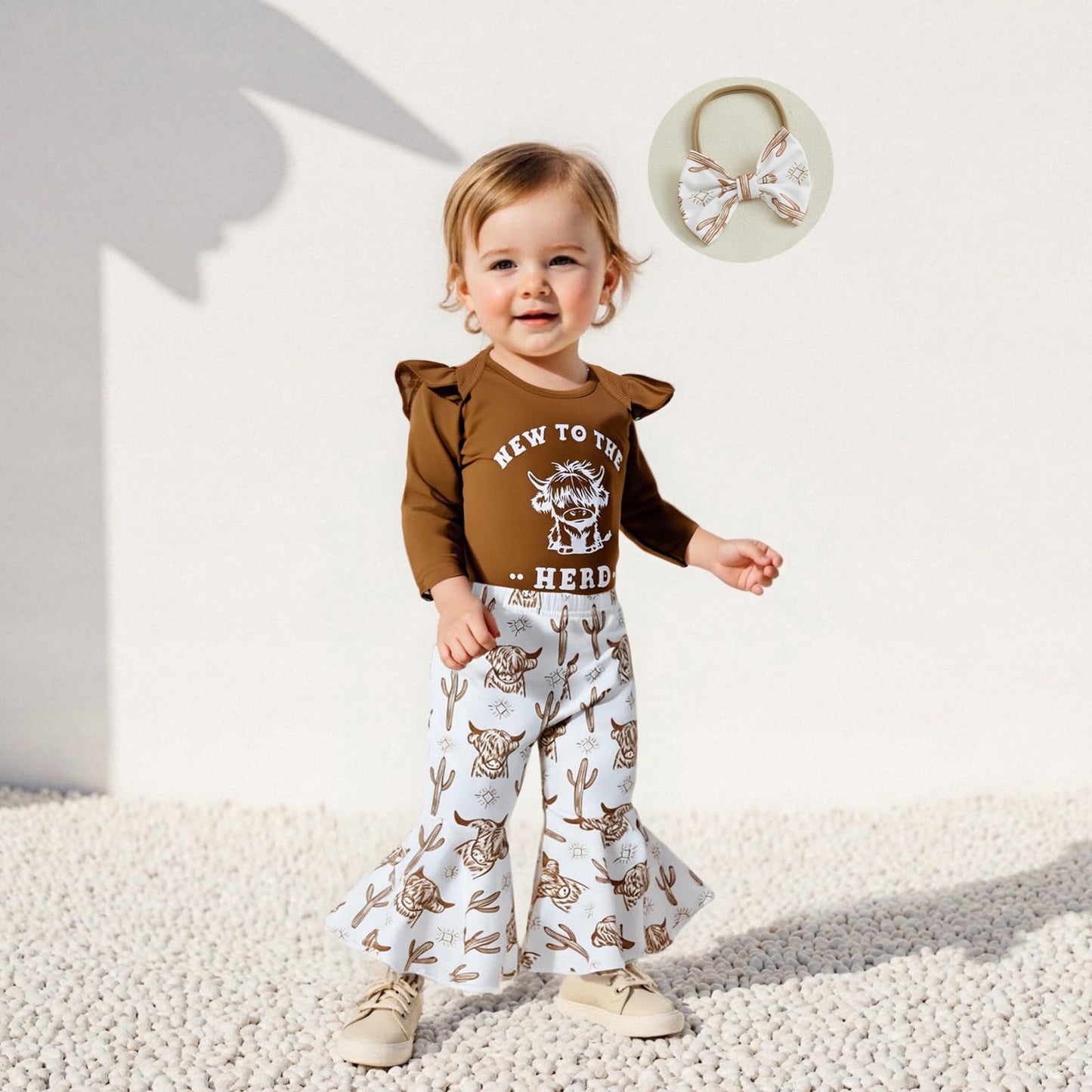 Summffie Western Baby Girl Fall Clothes Cute Cow Print Long Sleeve Romper Bell Bottom Flared Pants Set Newborn Cowgirl Outfit (New To The Herd Brown, 0-3 Months)