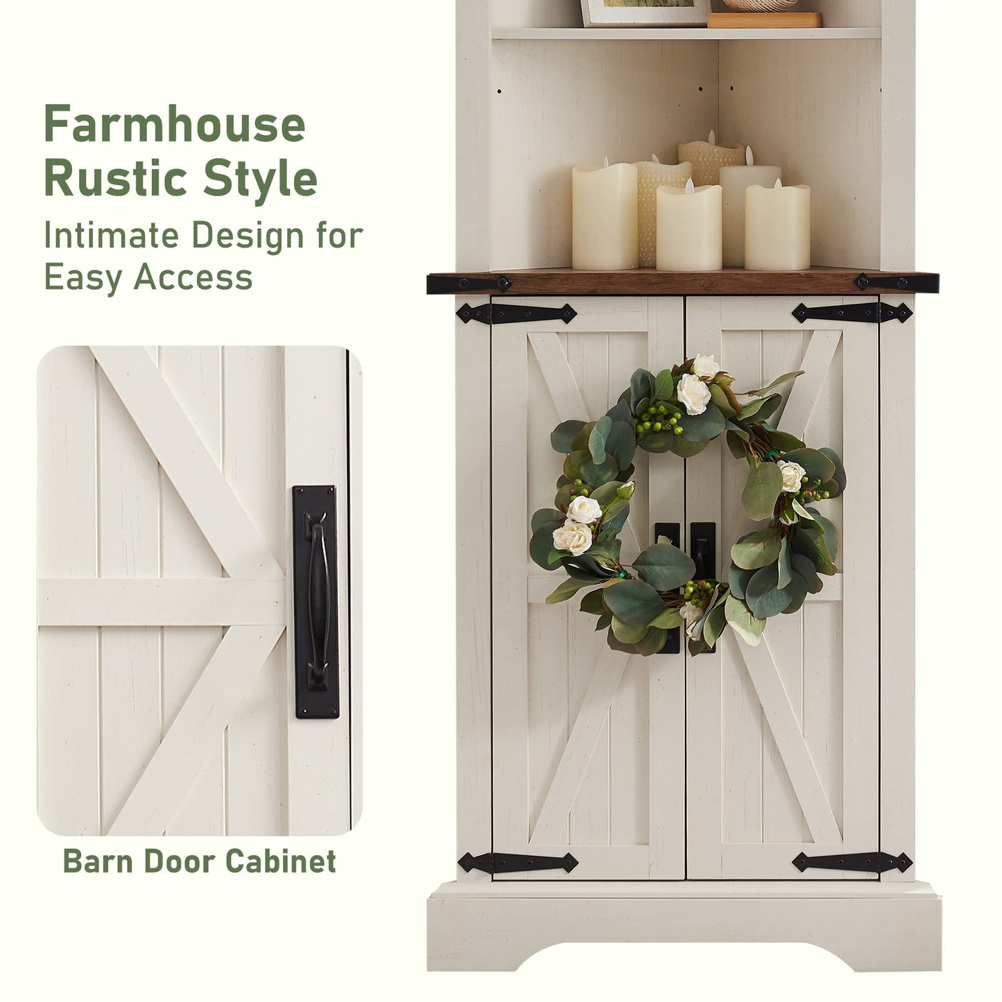 OKD Tall Corner Cabinet, Farmhouse Storage Cabinet with Barn Door Design & Adjustable Shelves, Home Space Saver for Bathroom, Living Room, Rustic Oak with Antique White