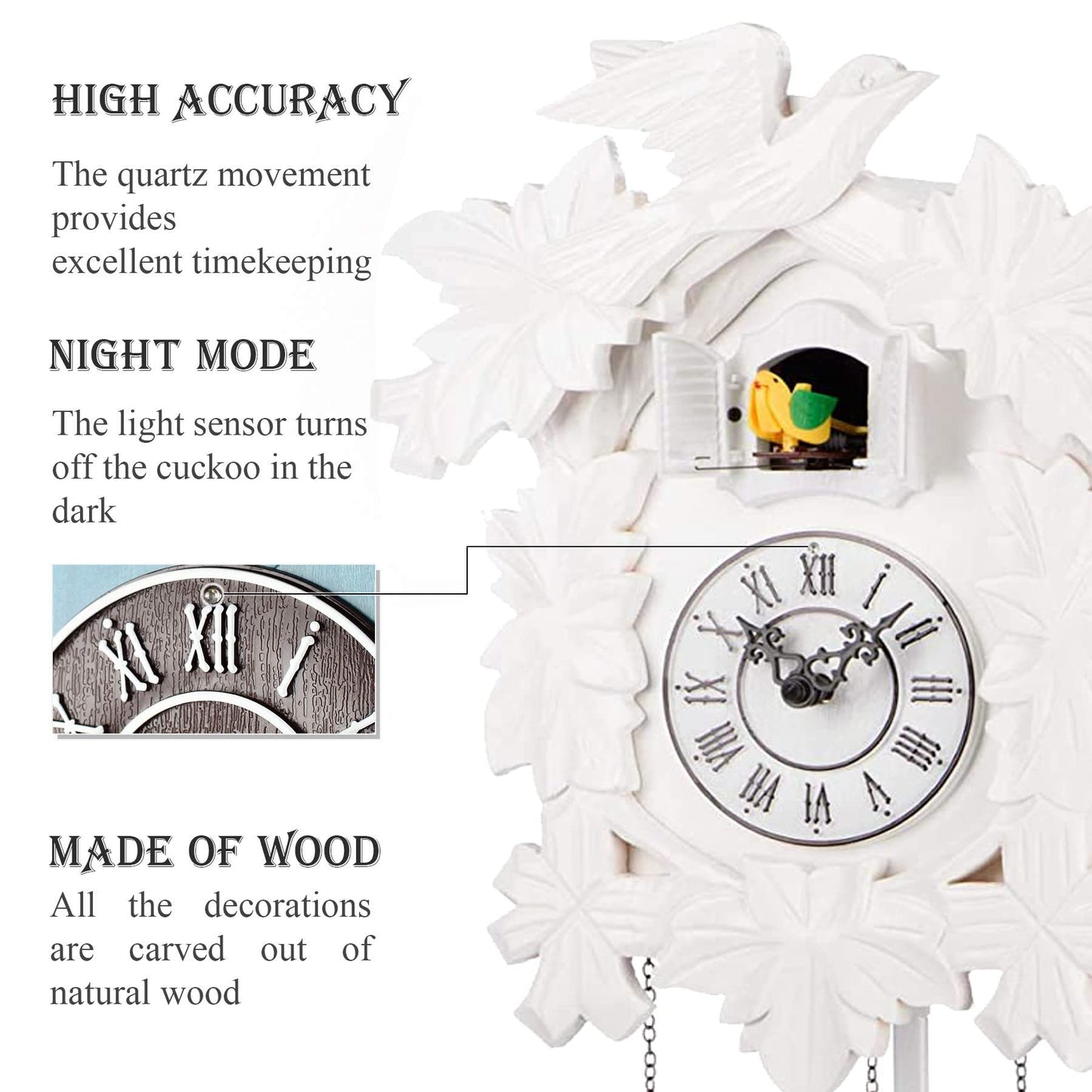 Cuсkoo Cloсk with Night Mode, Hand Carved Birds, Weights and Swinging Pendulum (White)