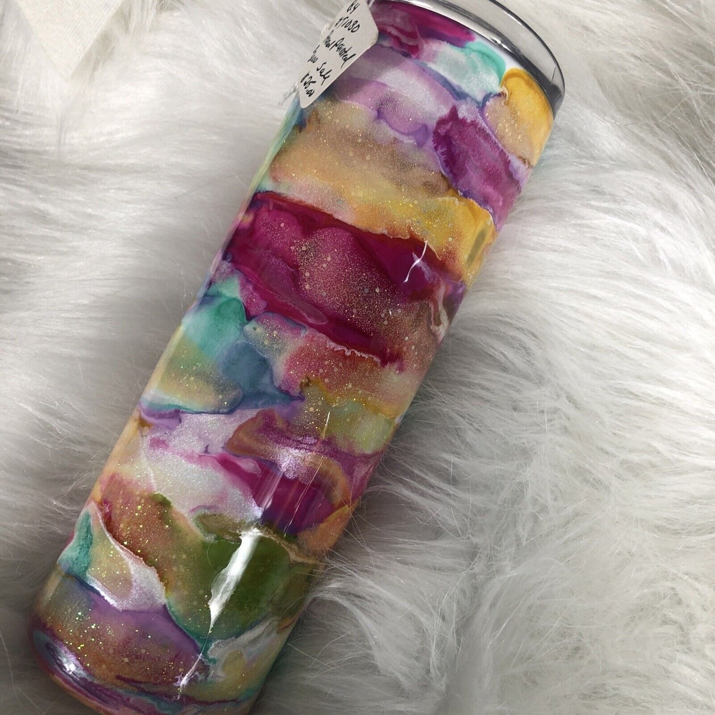 20 Ounce Tumbler Hand-Painted Pinks Pearl Teal Yellow Lid And Straw