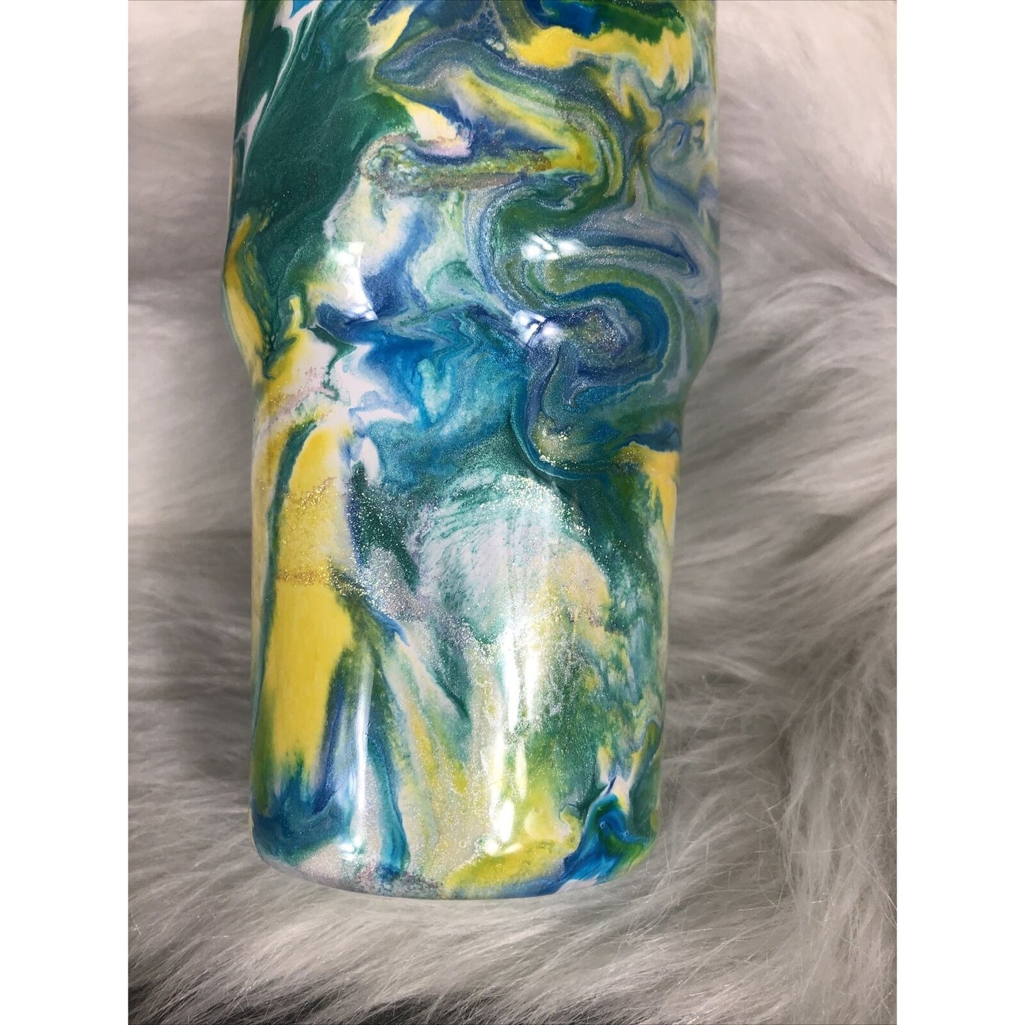 32 Ounce Tumbler Hand Painted Teal’s Blues Yellows Pearls & Glitter Lid Custom